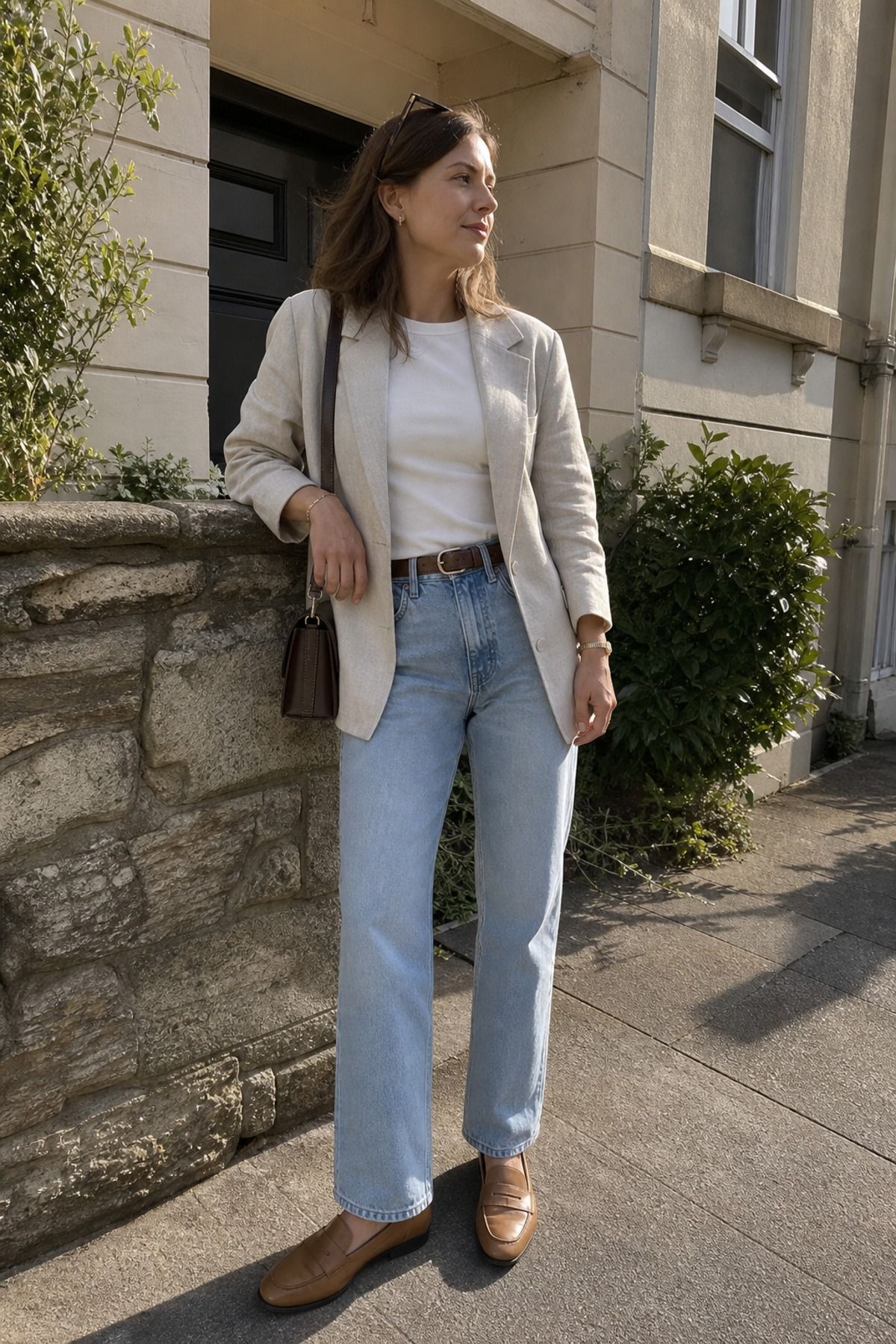 Woman wearing a linen blazer with straight-leg jeans, a light academia outfit
