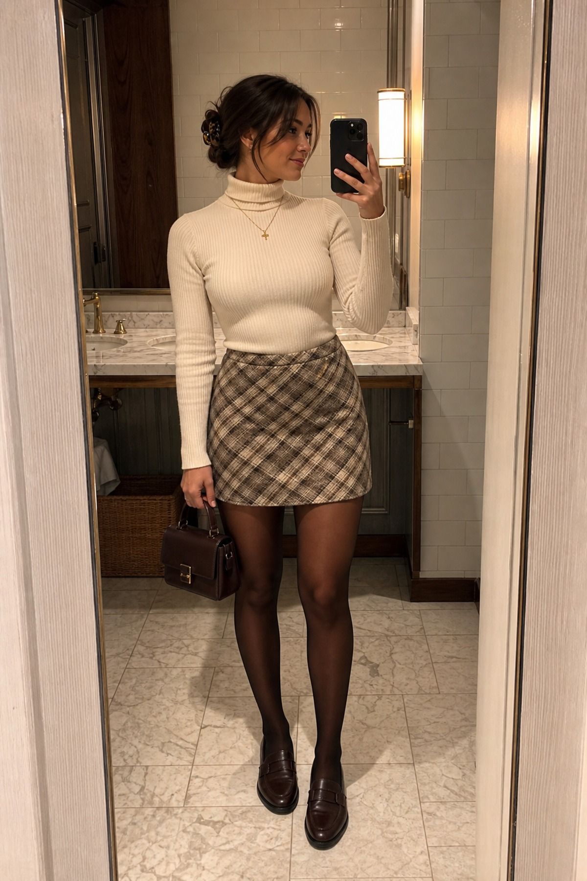 Woman wearing a ribbed turtleneck with a plaid mini skirt, a light academia outfit