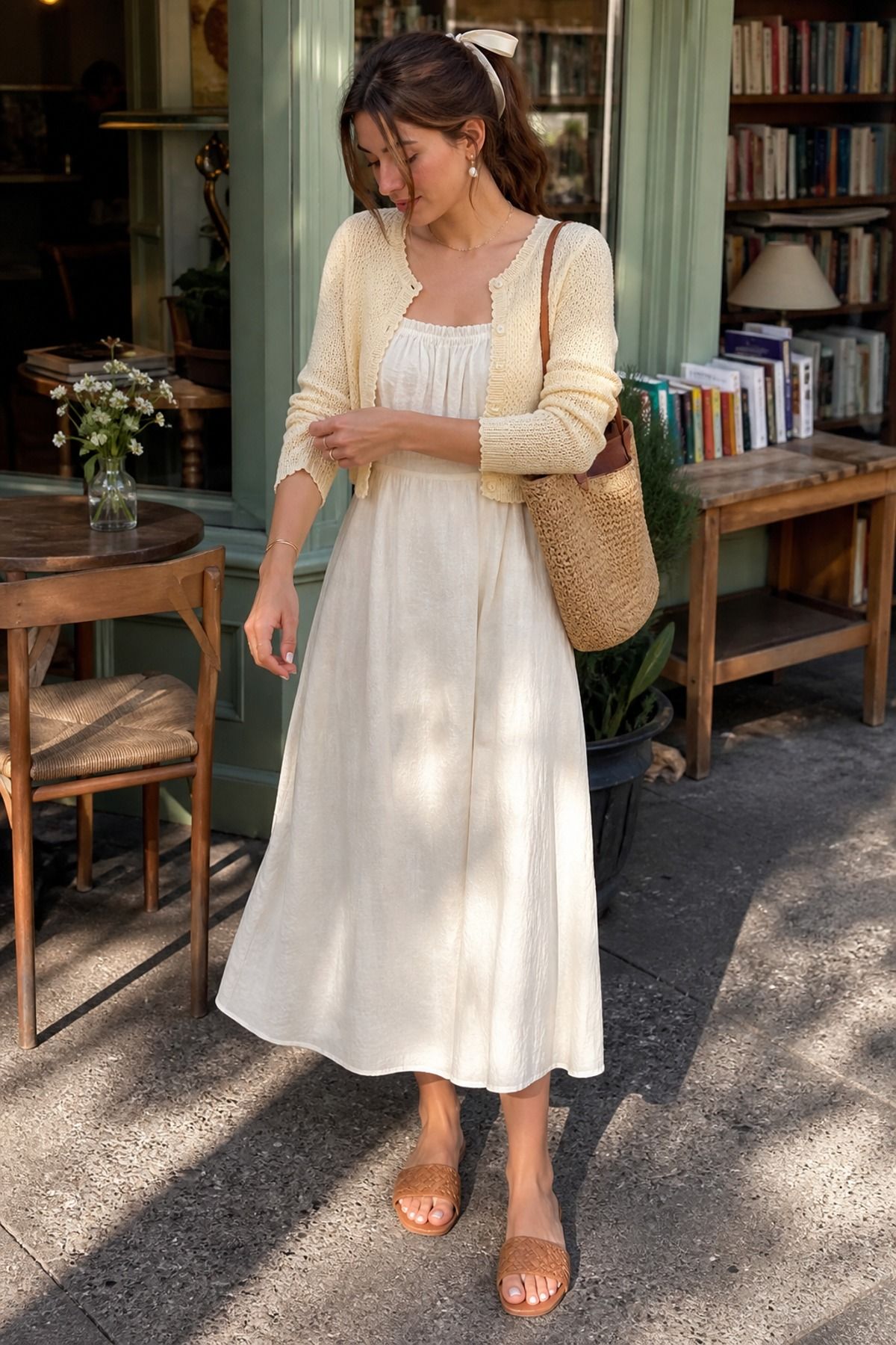 Woman wearing a linen sundress with a cropped cardigan, a light academia outfit