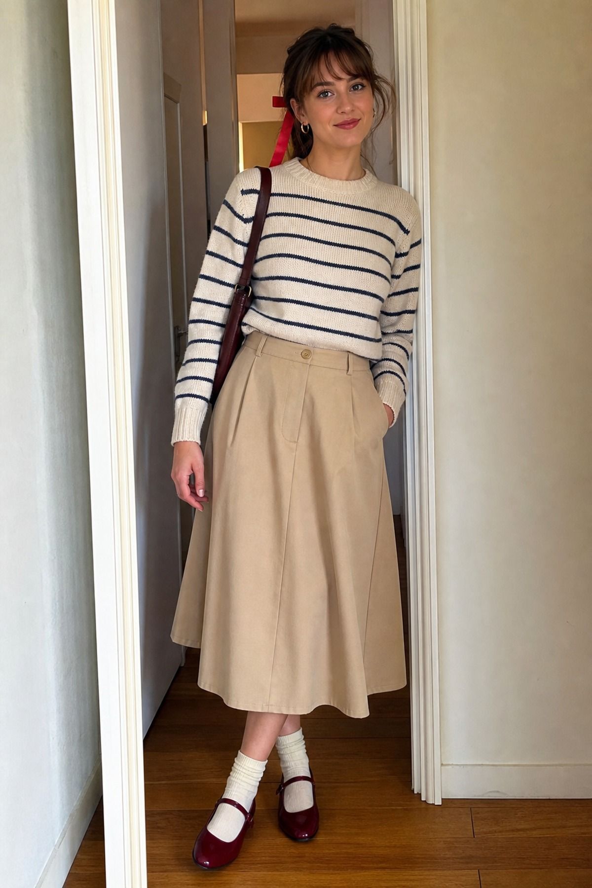 Woman wearing a striped knit with an a-line skirt, a light academia outfit