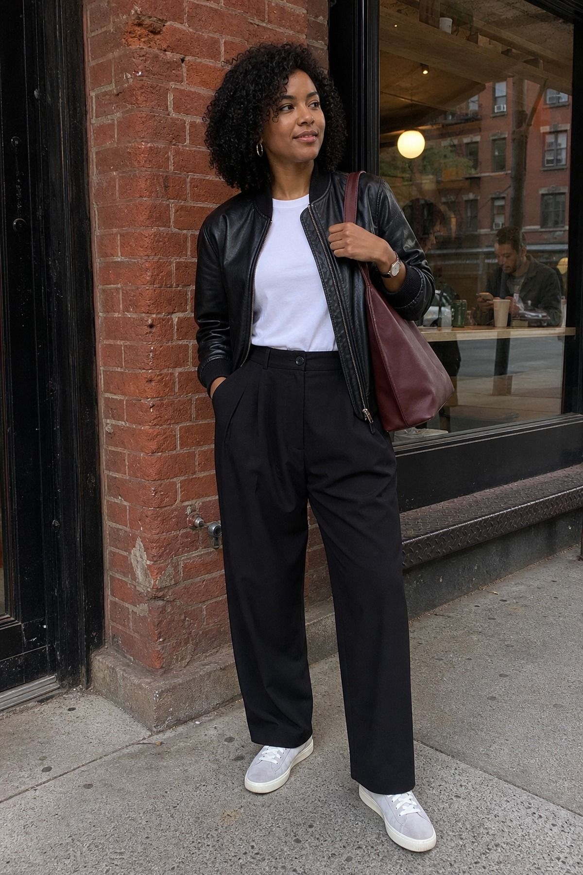 Woman wearing a leather bomber with a white tee and black trousers, a NYC casual outfit