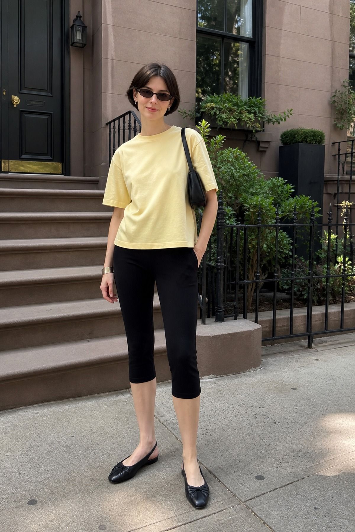 Woman wearing black capris with a boxy tee, a NYC casual outfit