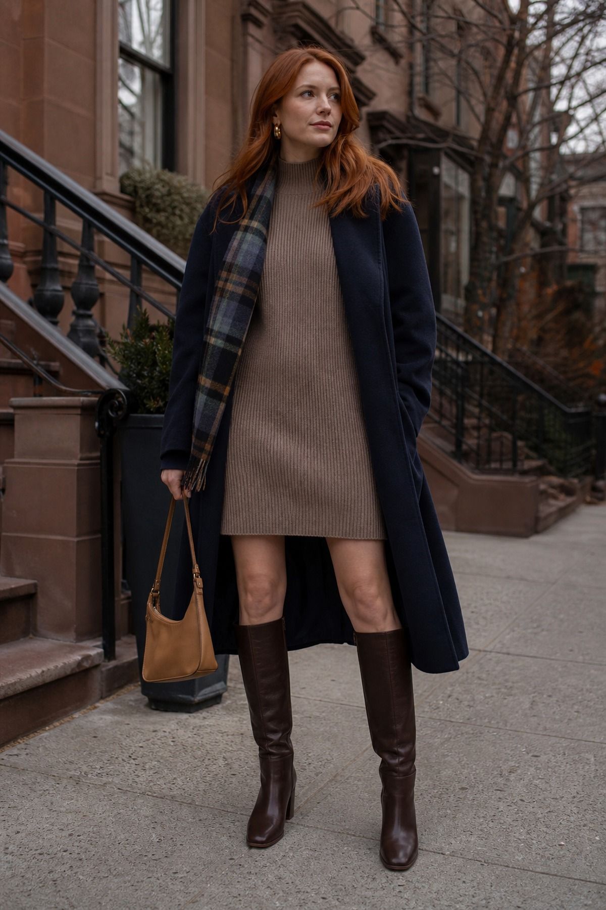 Woman wearing tall boots with a sweater dress, a NYC casual outfit