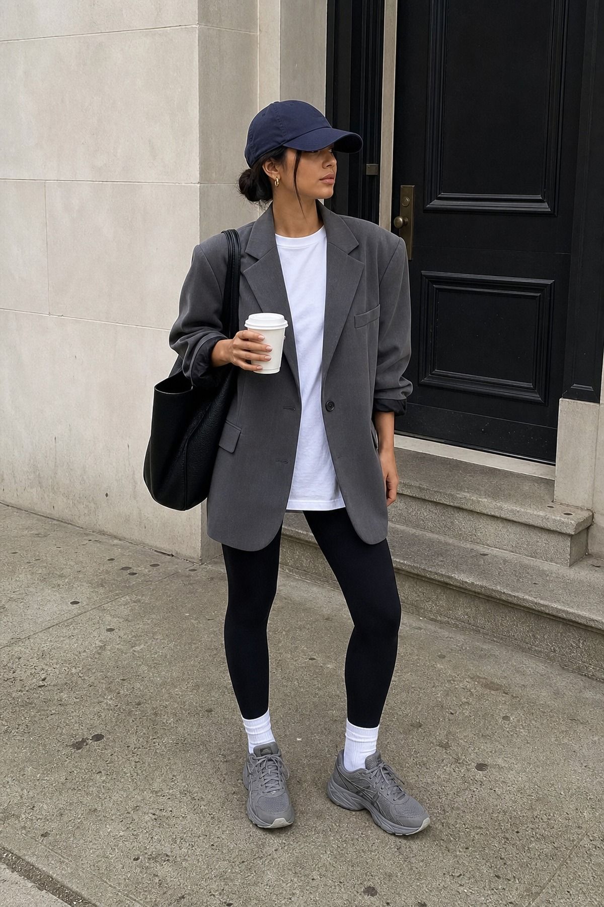 Woman wearing a baseball cap with a blazer and leggings, a NYC casual outfit