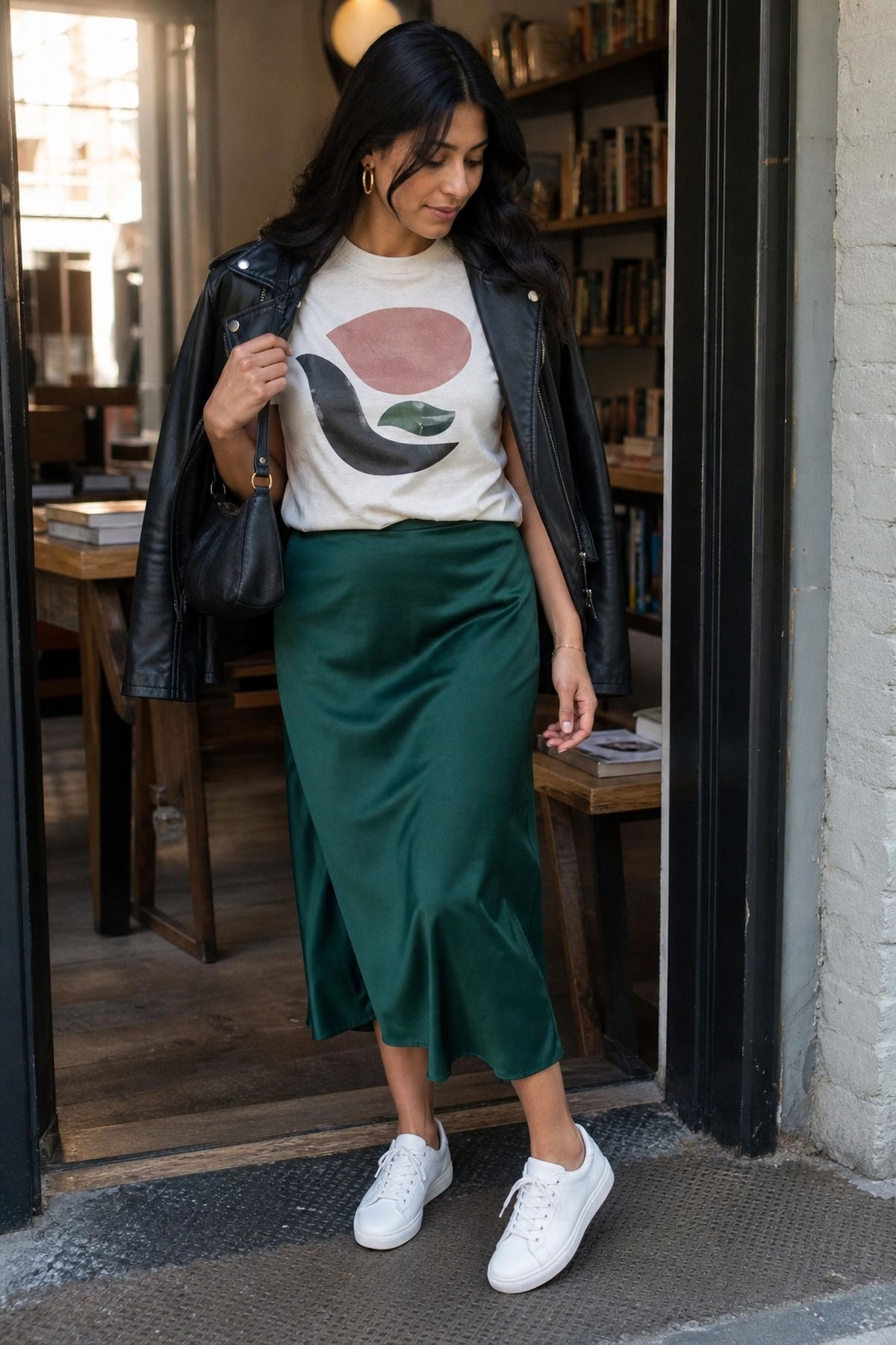 Woman wearing a satin midi skirt with a graphic tee, a NYC casual outfit