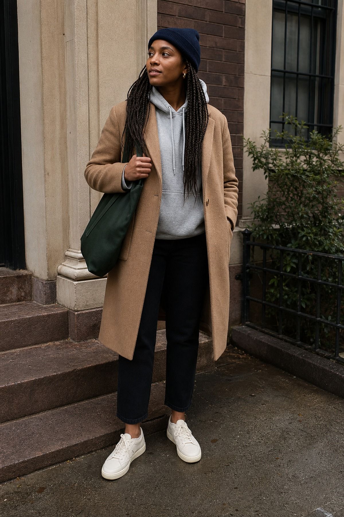 Woman wearing a hoodie with a wool coat and straight pants, a NYC casual outfit