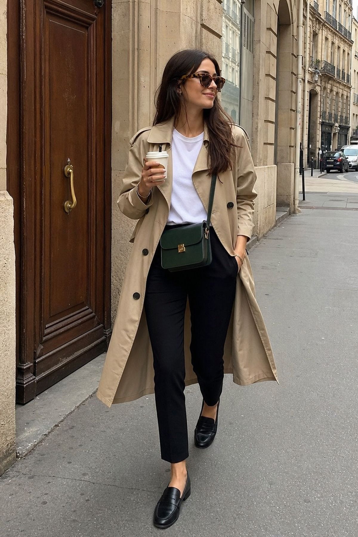 Woman wearing a trench coat with a white tee and black pants, a Parisian casual outfit