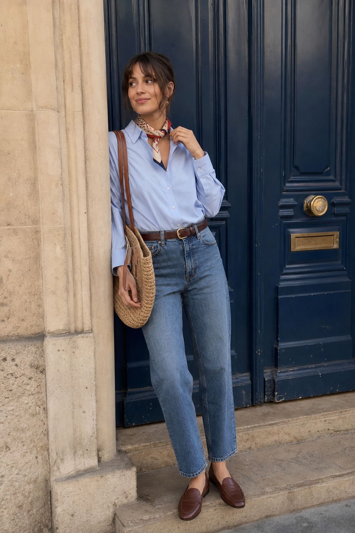 Woman wearing a silk scarf with a button-down and denim, a Parisian casual outfit