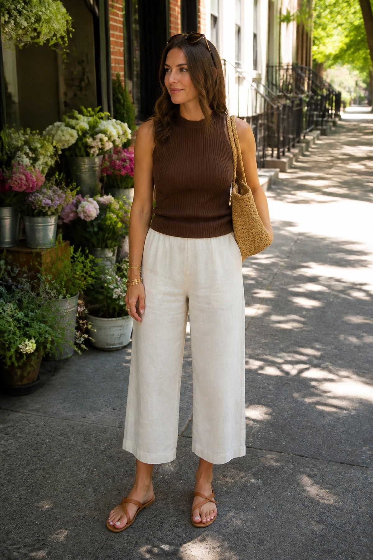 Woman wearing linen pants with a sleeveless knit, a Parisian casual outfit