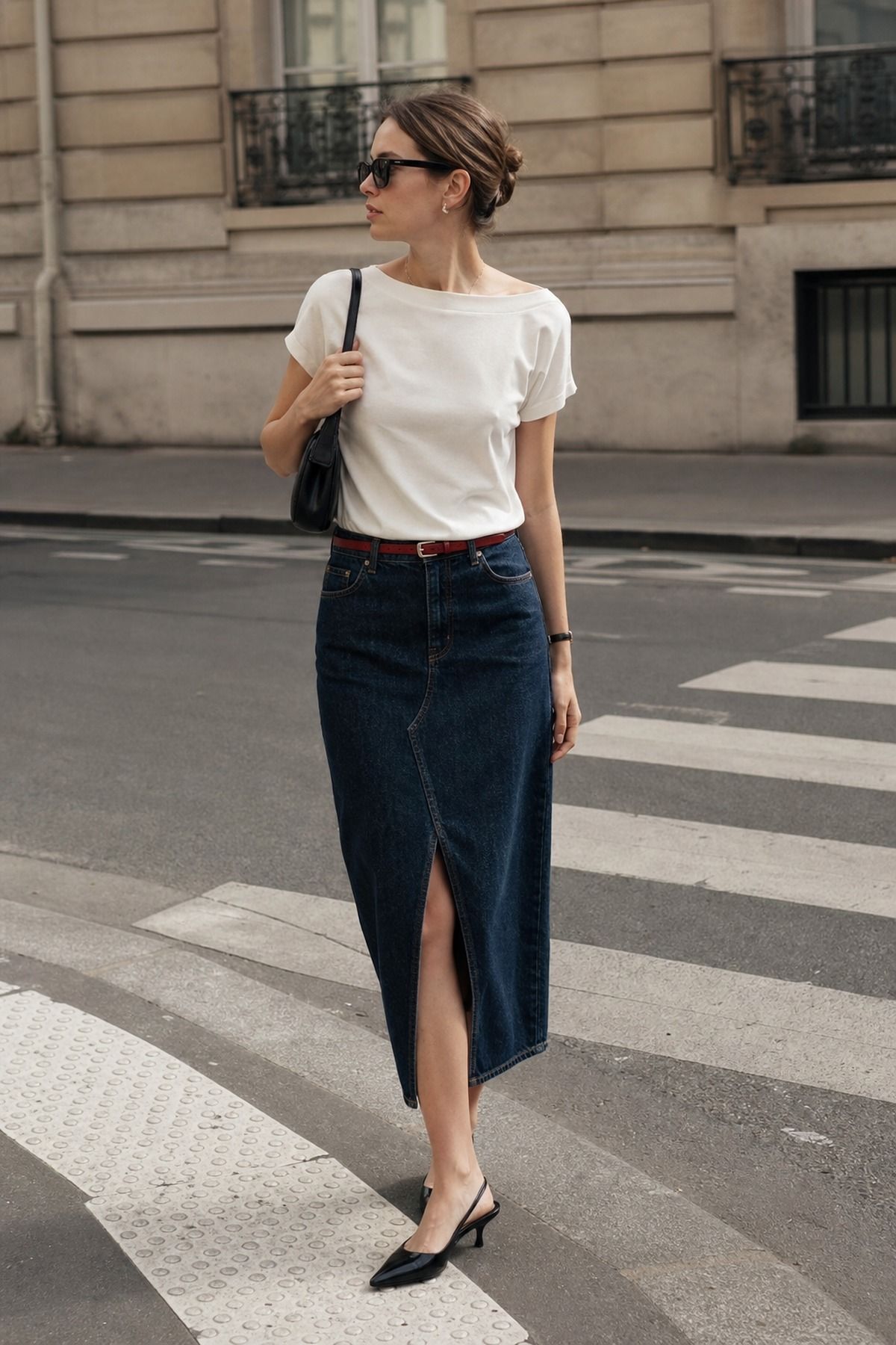 Woman wearing a denim midi skirt with a boatneck tee, a Parisian casual outfit