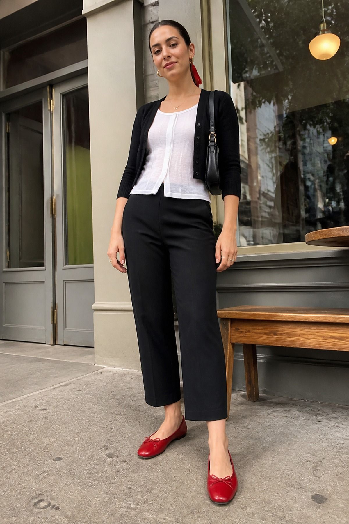 Woman wearing red flats with a black-and-white outfit, a Parisian casual outfit