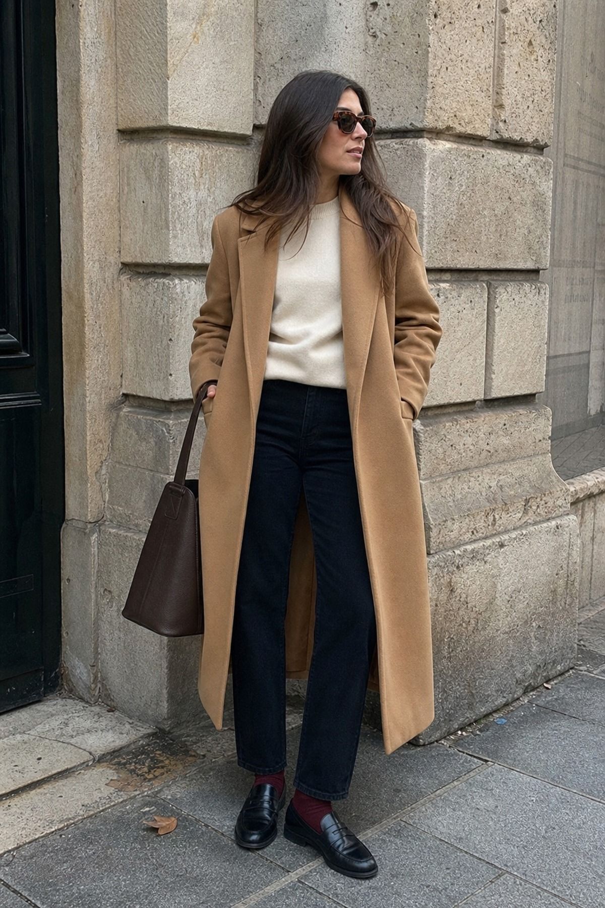 Woman wearing a camel coat with black jeans and loafers, a Parisian casual outfit
