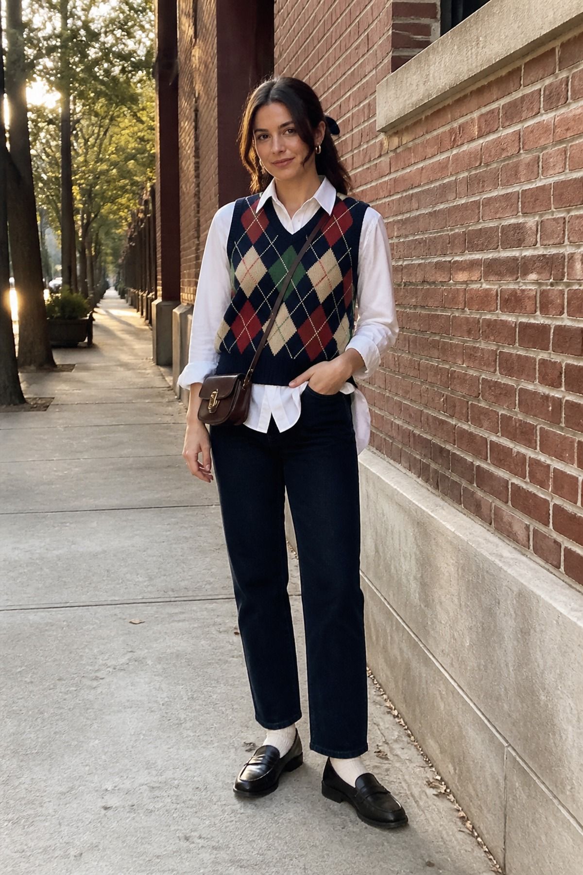 Woman wearing an argyle sweater vest with a white button-down, a preppy casual outfit