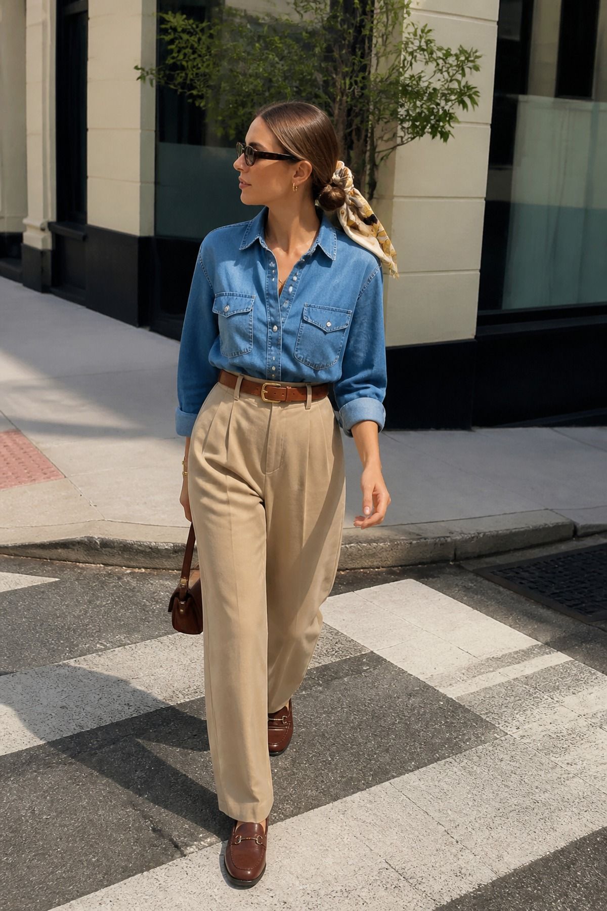 Woman wearing a denim shirt with khaki trousers, a preppy casual outfit
