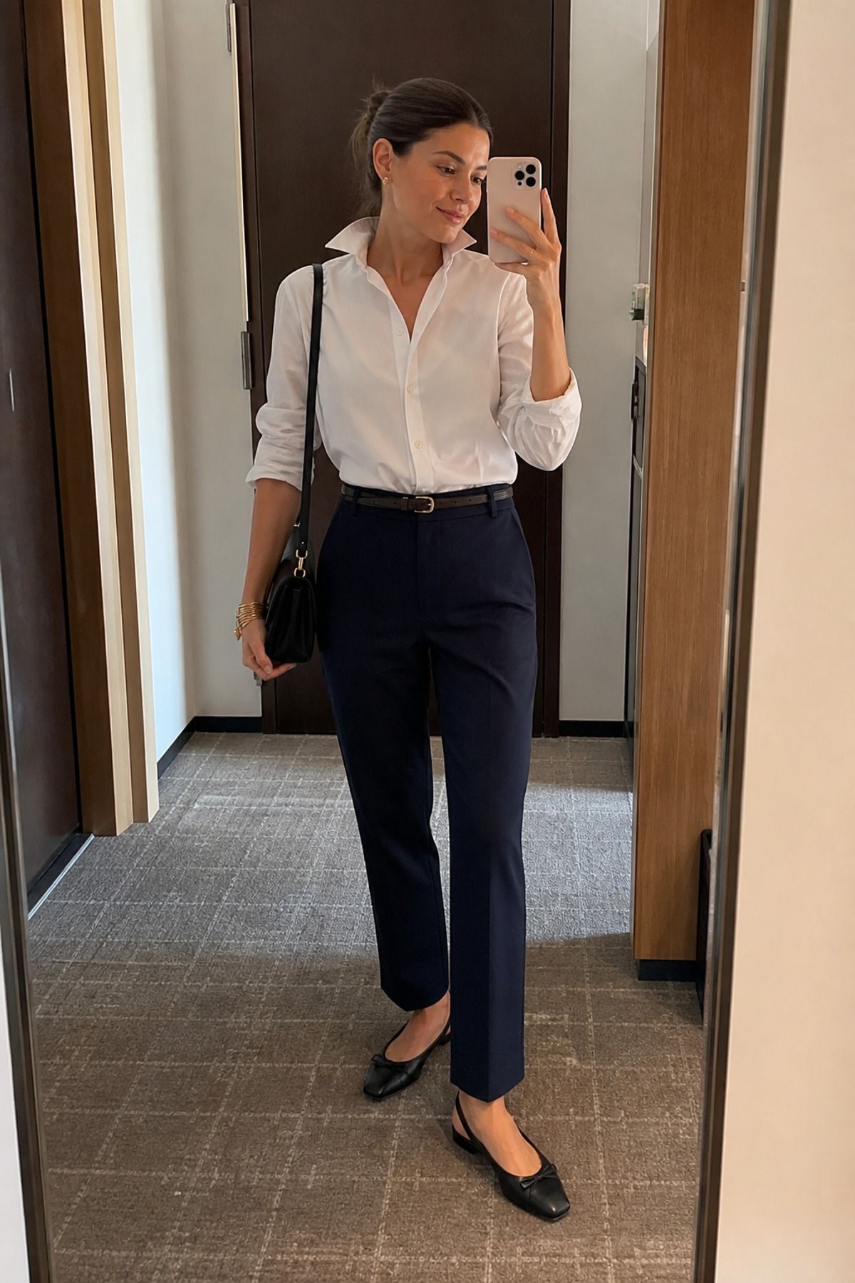 Woman wearing a popped-collar shirt with straight trousers, a preppy casual outfit