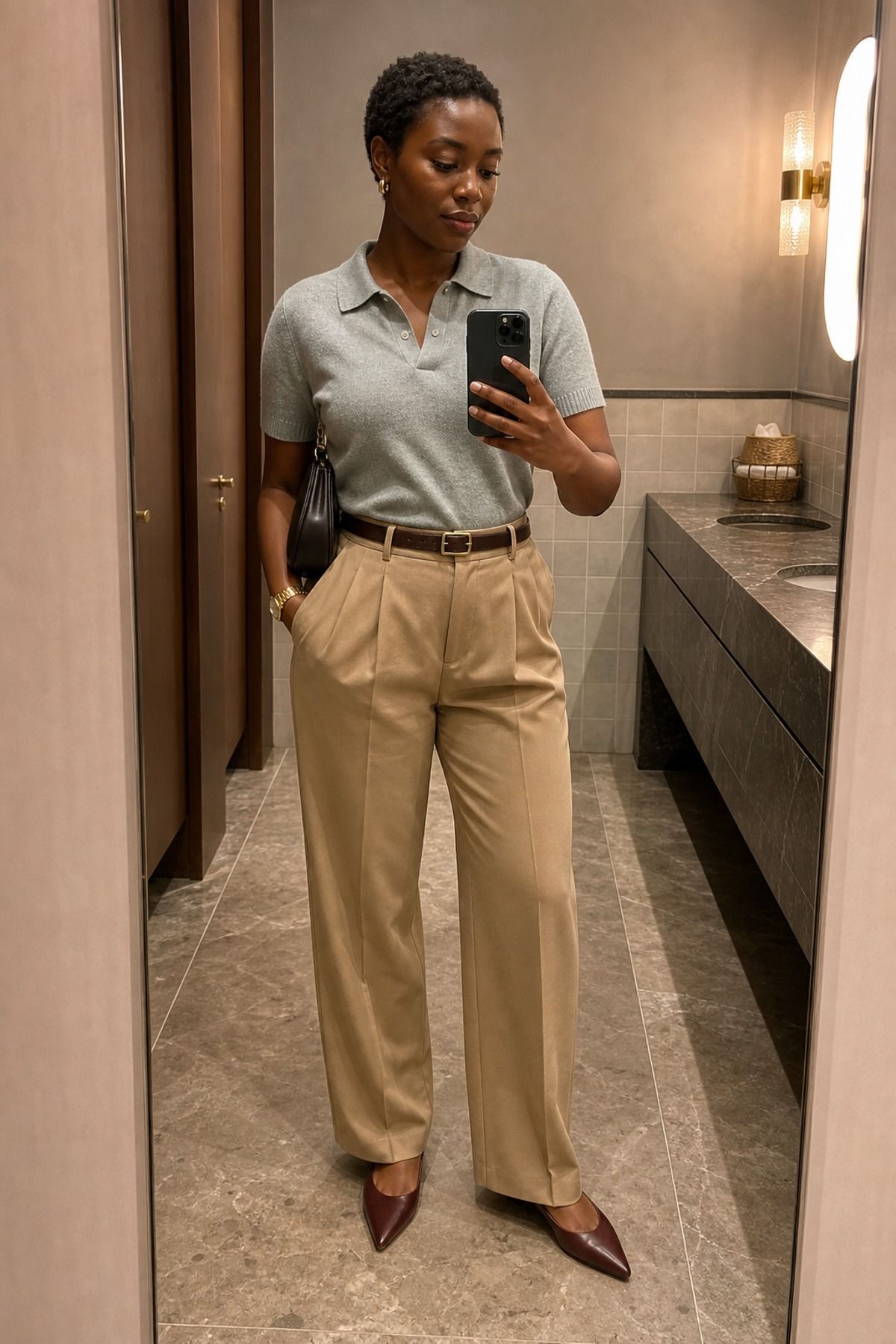Woman wearing a grey knit polo with pleated trousers, a Scandinavian style outfit