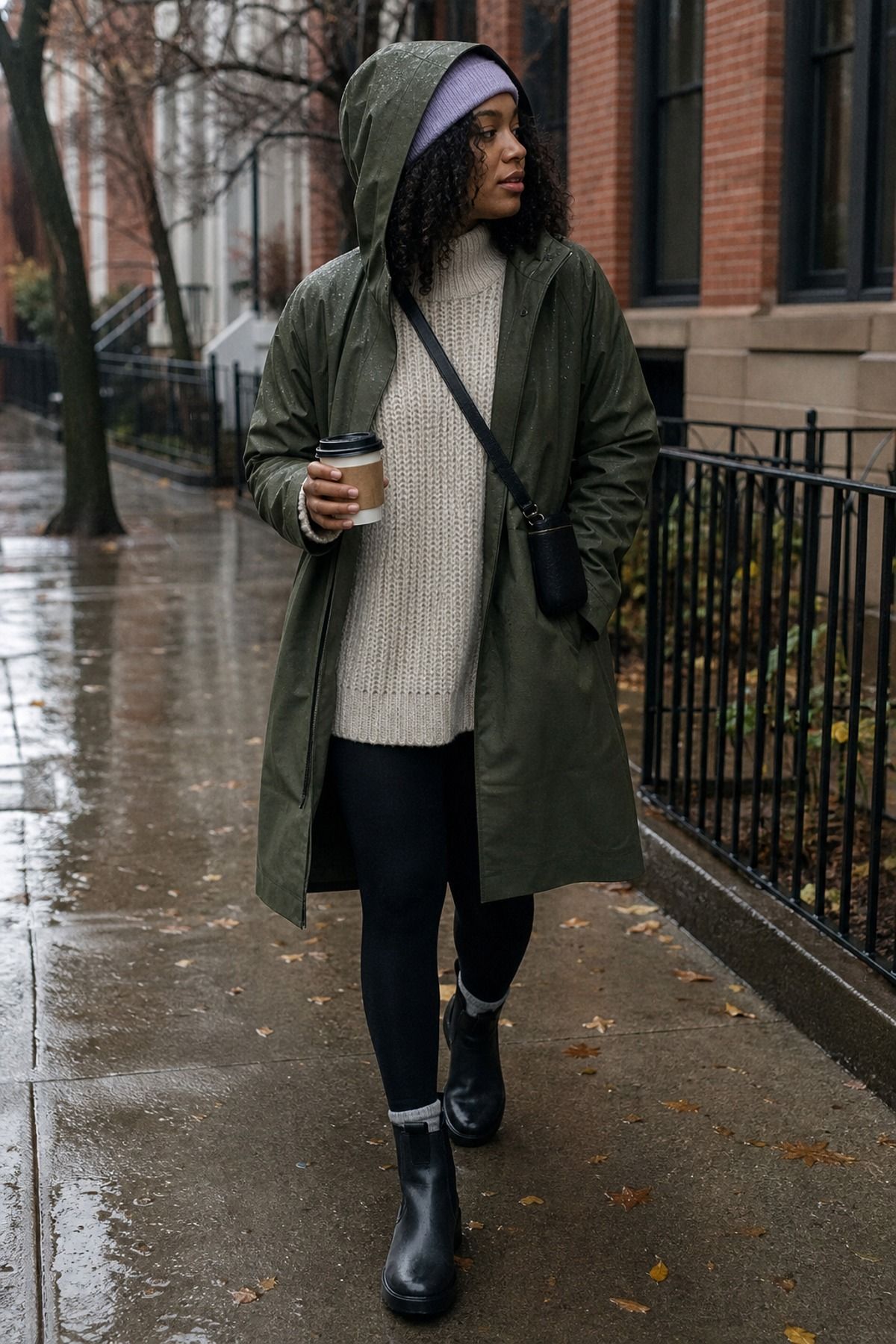 Woman wearing a raincoat with black leggings and a knit, a Scandinavian style outfit