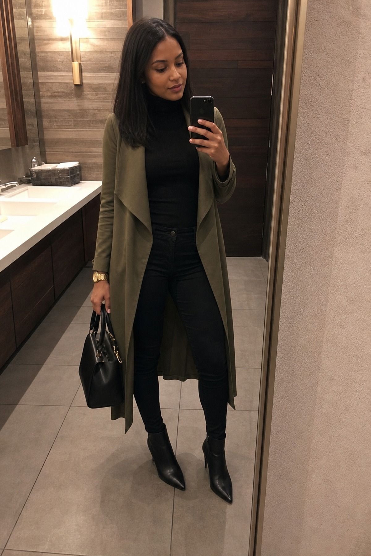 Mirror selfie of a woman in a long olive duster coat, black turtleneck, black skinny jeans and black pointed ankle boots holding a black handbag