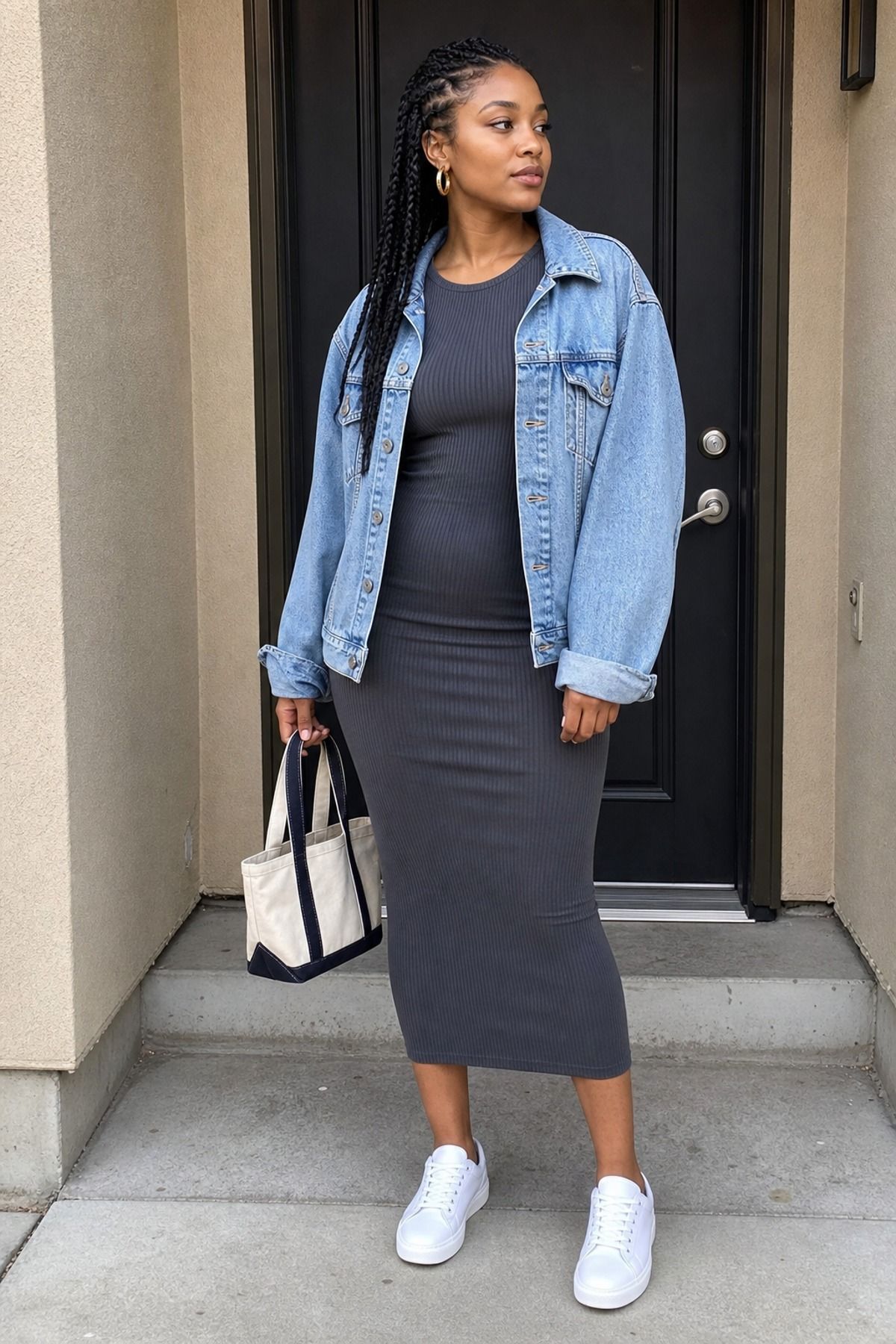 Woman in a light-wash denim jacket over a charcoal gray ribbed bodycon midi dress with white sneakers and a canvas tote by a black door