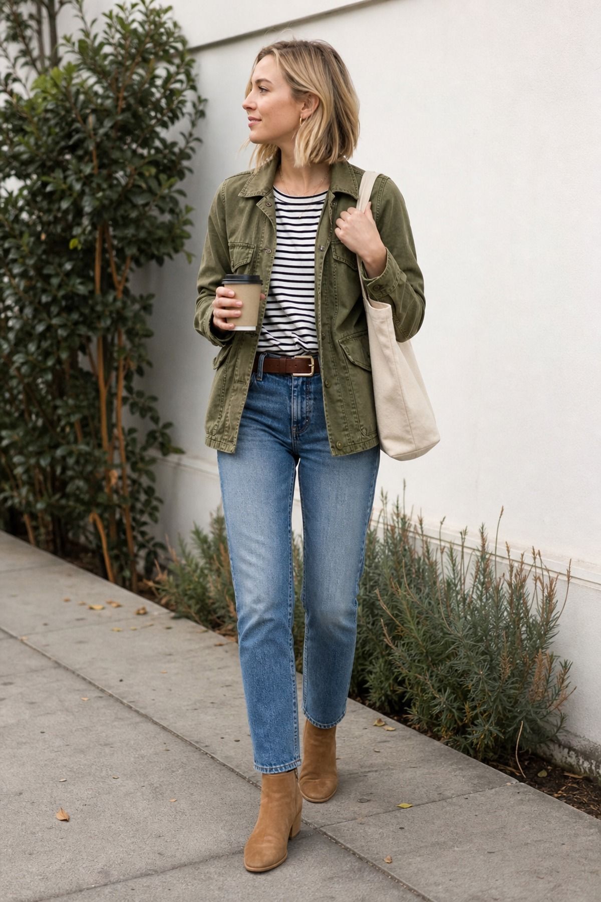 Woman in an olive utility jacket, black and white striped tee, brown belt, medium-wash straight jeans and tan suede ankle boots with a cream tote and coffee