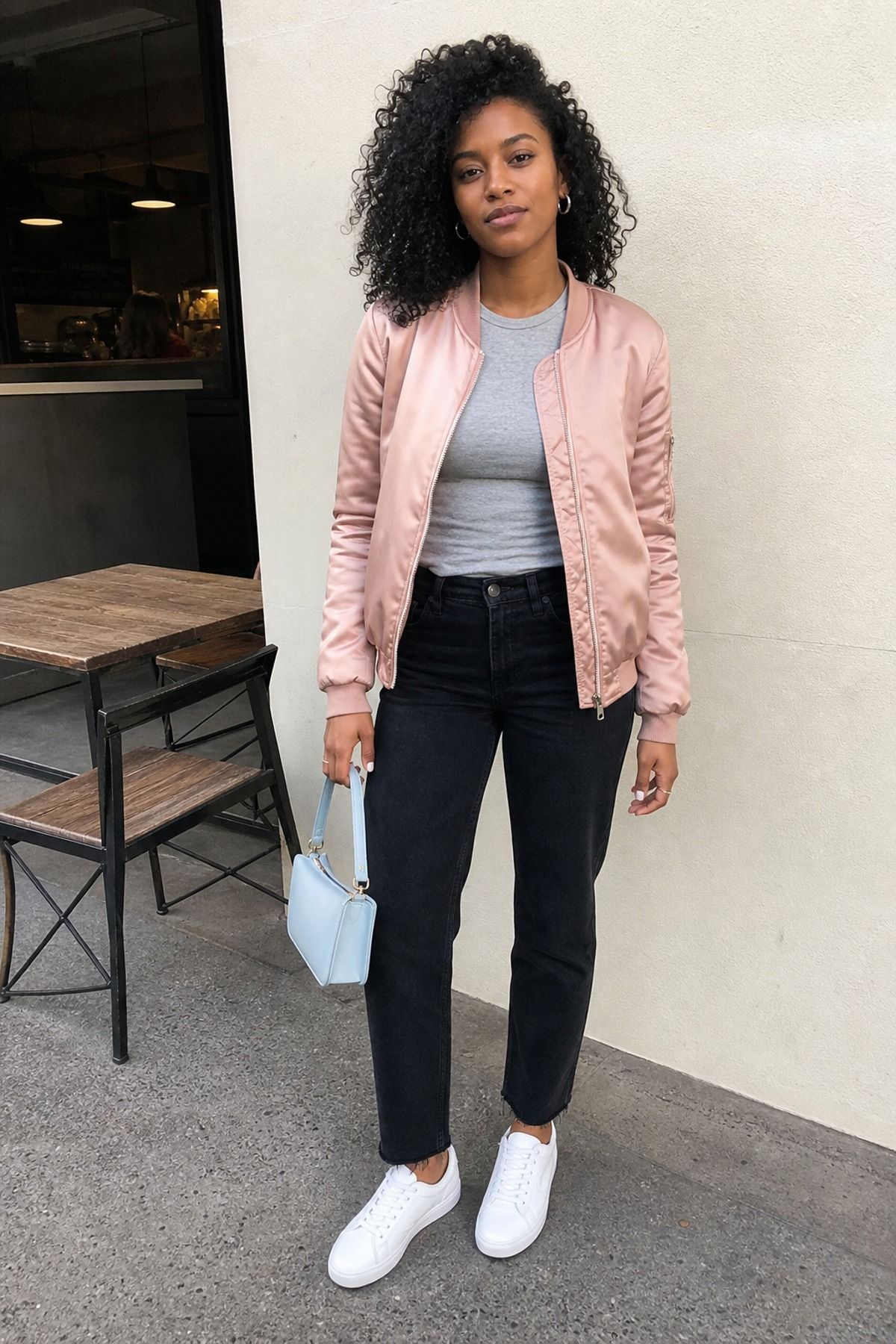 Woman in a blush pink satin bomber jacket, gray tee, black straight jeans and white sneakers with a small white bag by a cafe table