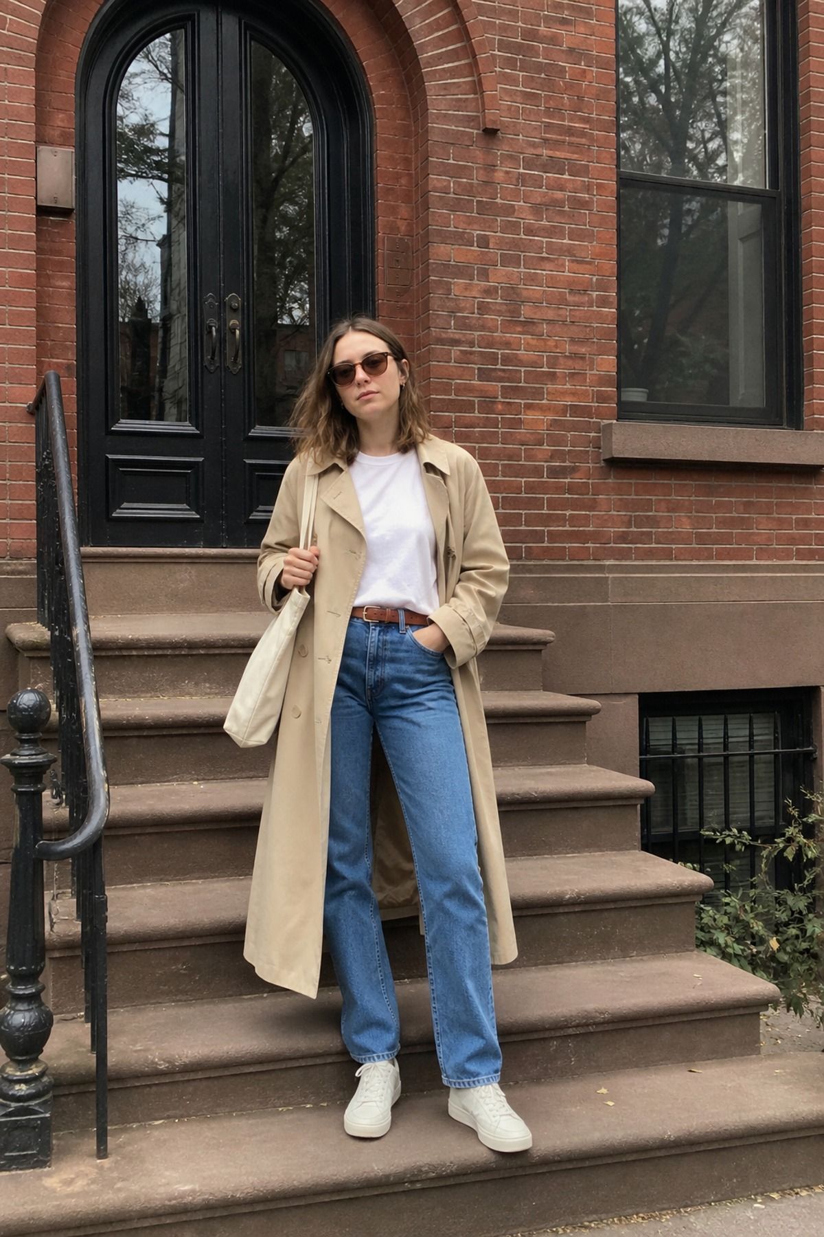 Woman wearing a trench coat with a white tee and jeans, a 90s minimalist outfit
