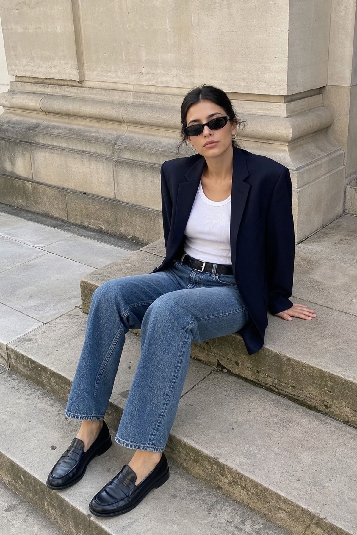 Woman wearing a navy blazer with a white tank and jeans, a 90s minimalist outfit