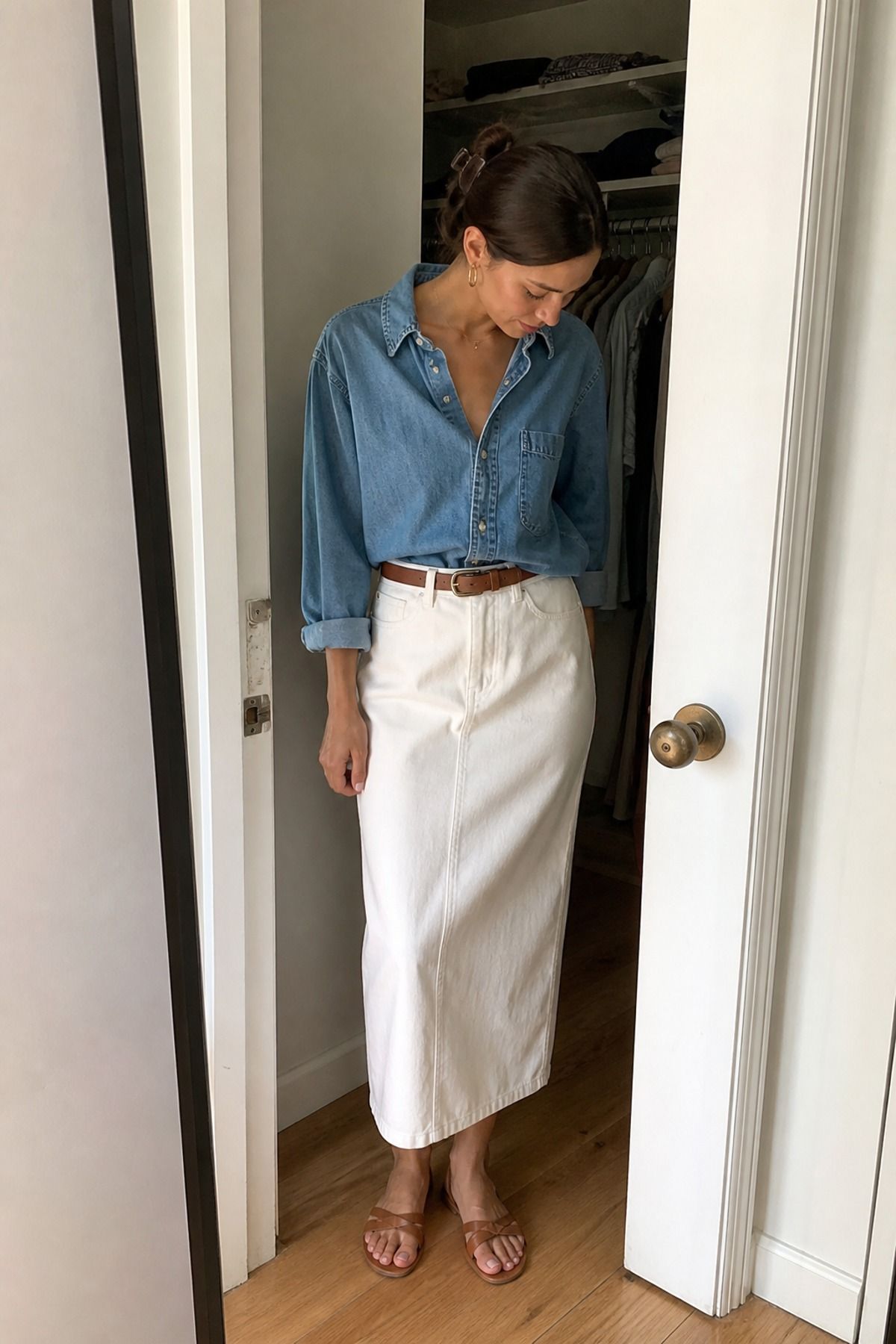 Woman wearing a denim shirt with a white column skirt, a 90s minimalist outfit