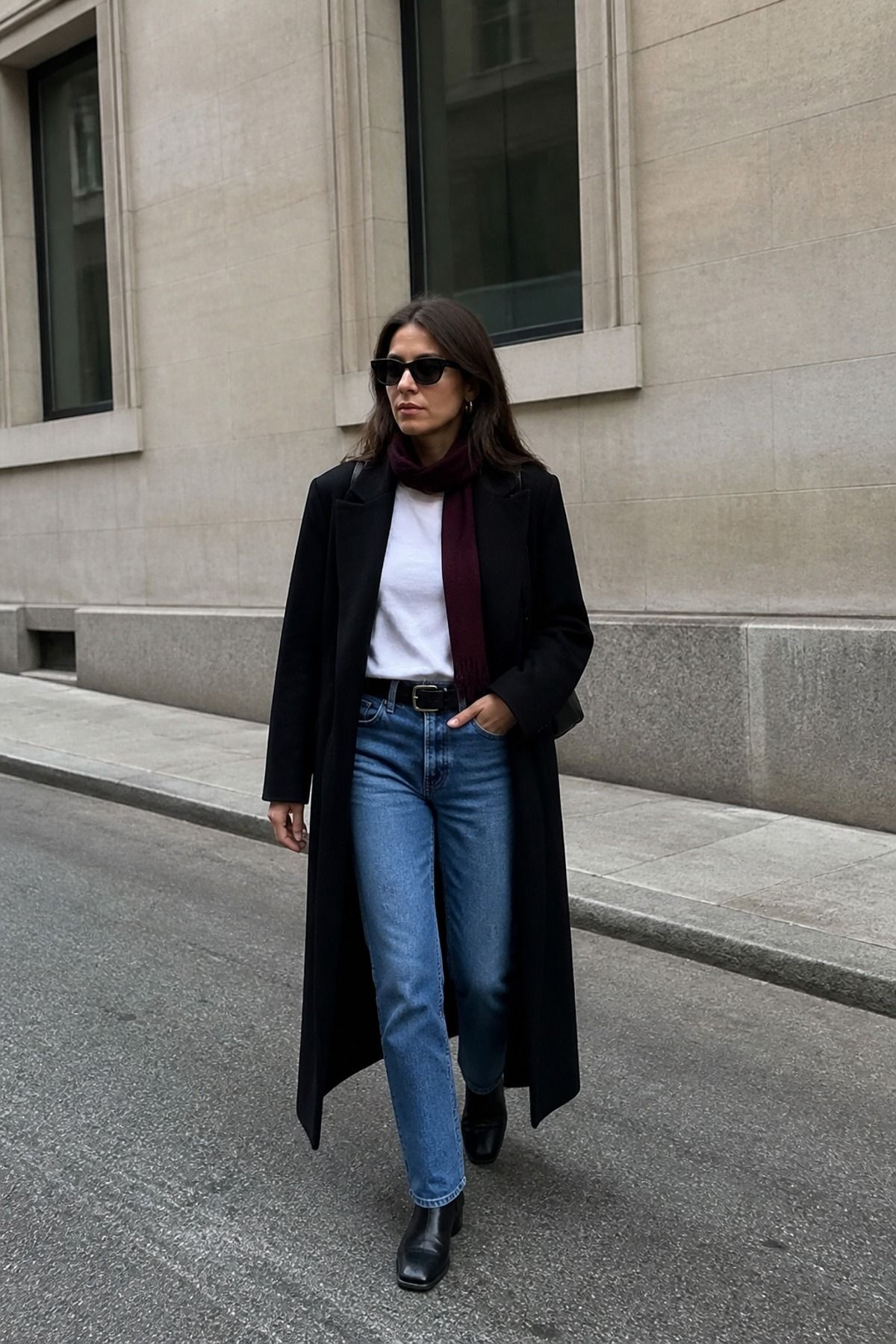 Woman wearing a long black coat with a white tee and blue jeans, a 90s minimalist outfit