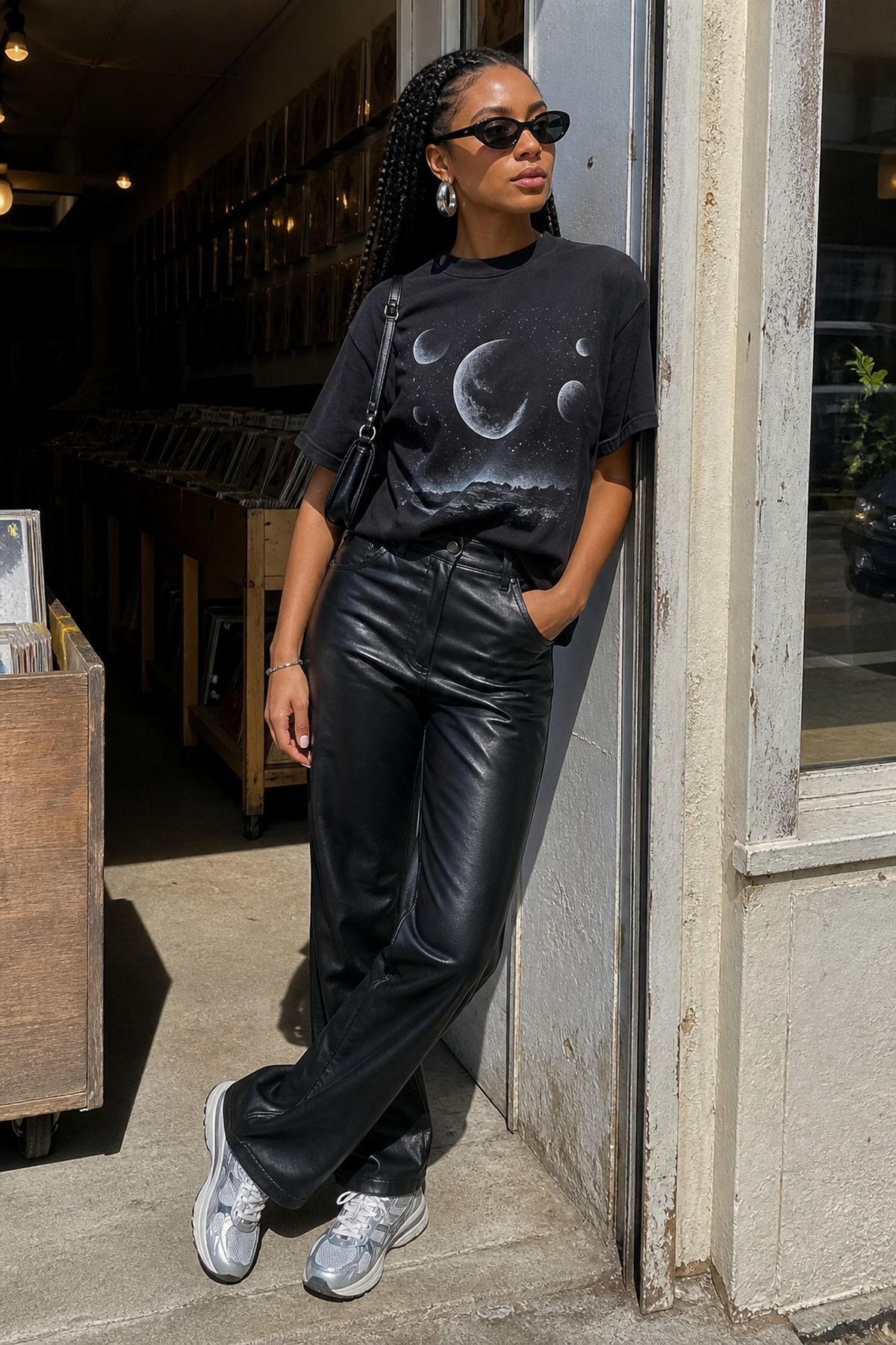 Woman wearing a space graphic tee with faux leather pants, an aliencore outfit