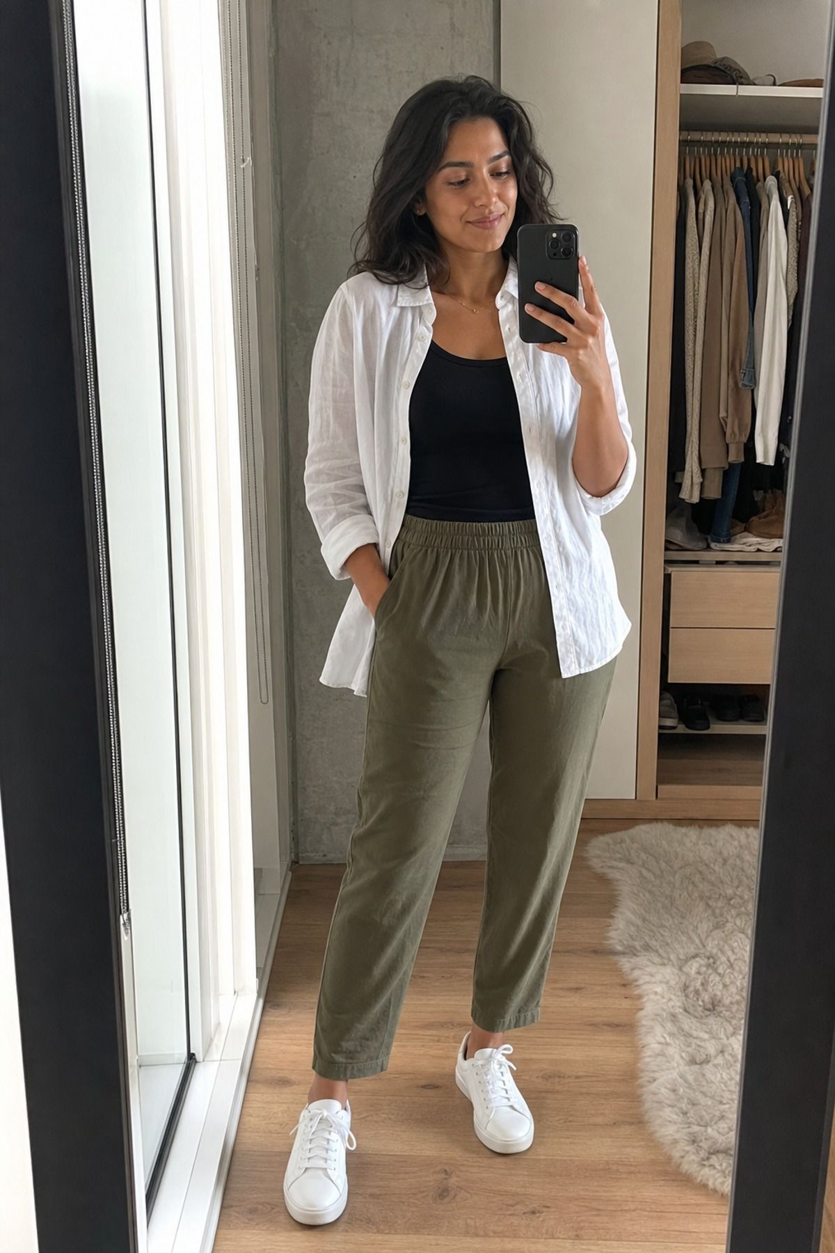 Woman wearing an open linen shirt with a tank and pull-on pants, an apple shape outfit