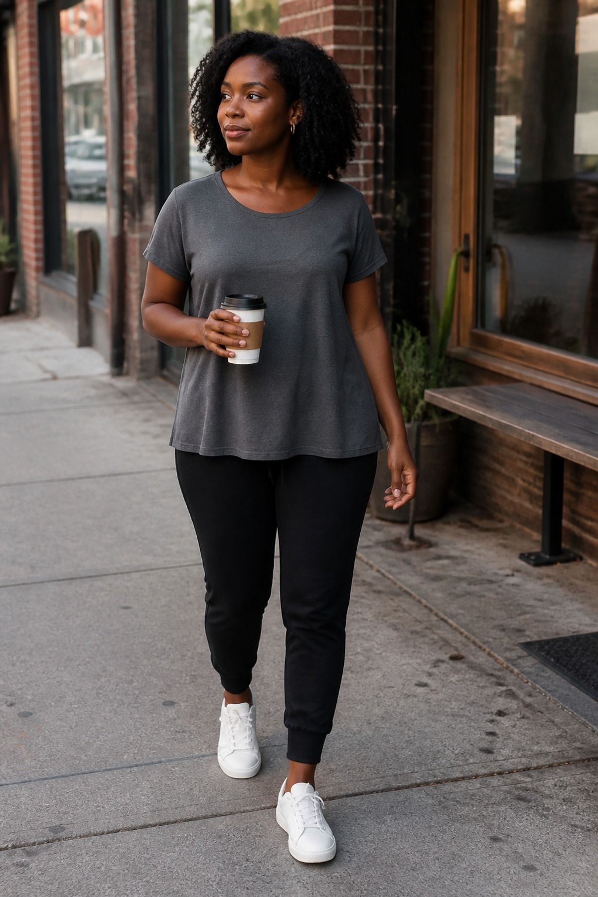 Woman wearing a swing tee with slim joggers