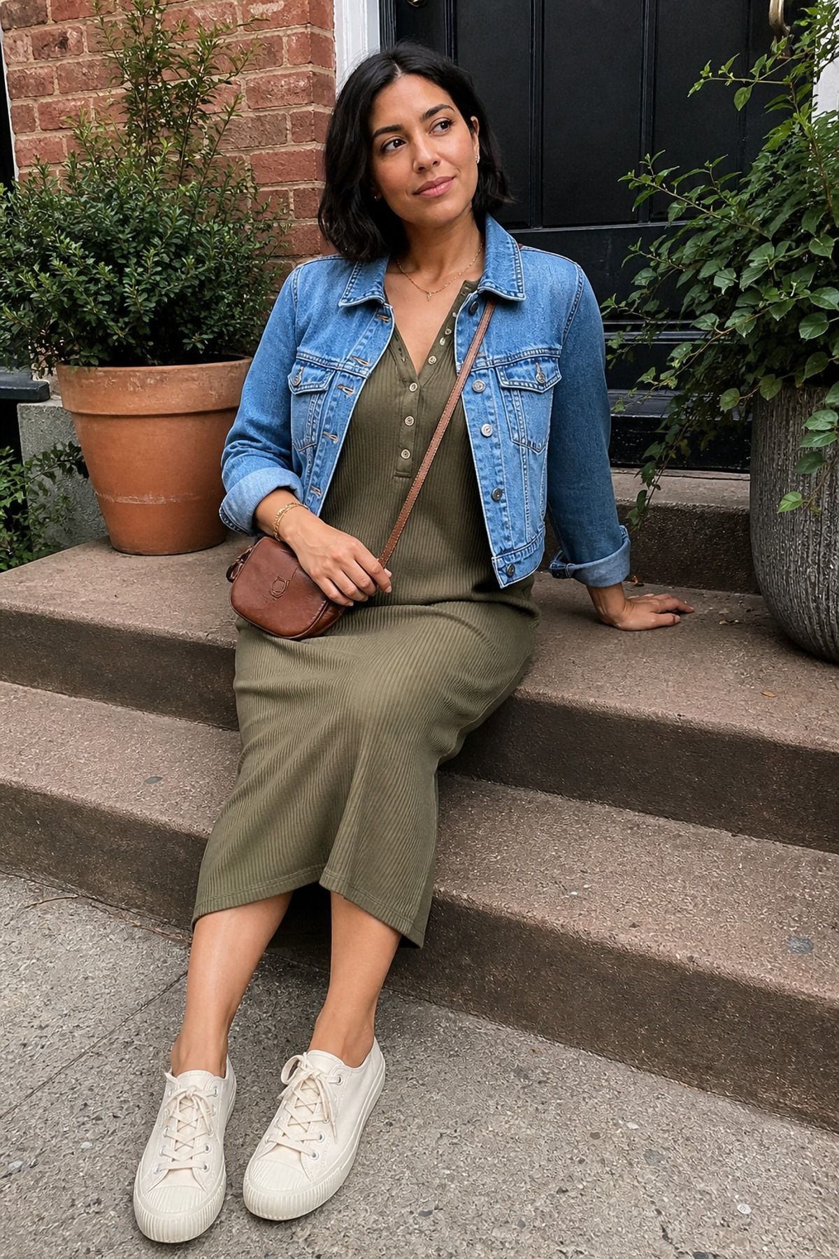Woman wearing a henley dress with a denim jacket