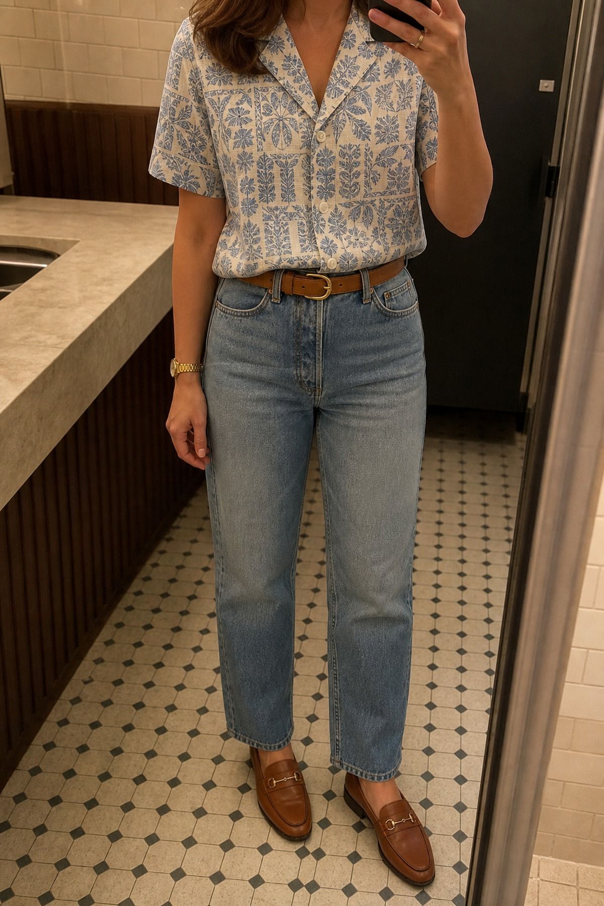 Woman wearing a boxy camp shirt with straight-leg jeans