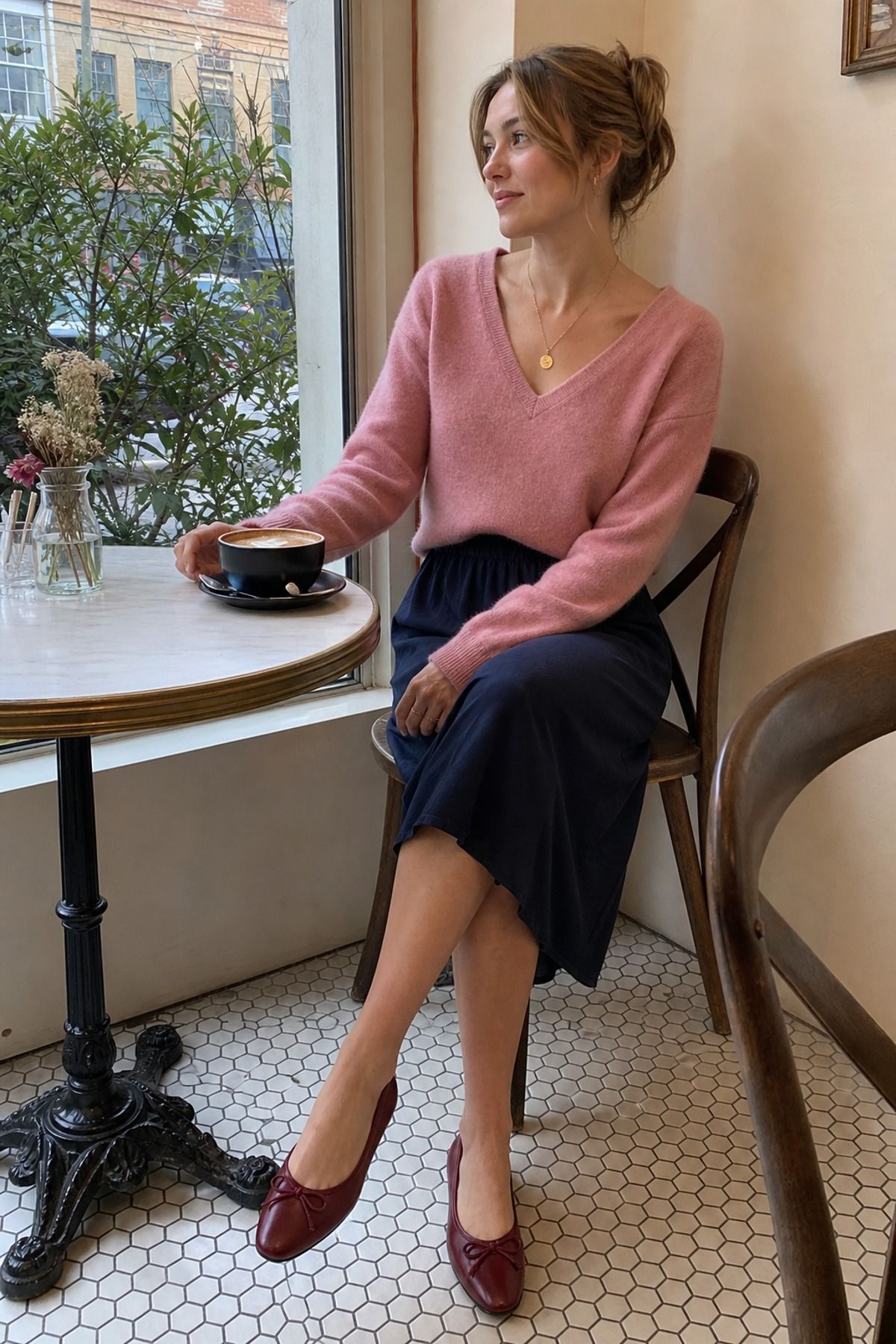 Woman wearing a v-neck sweater with a pull-on skirt
