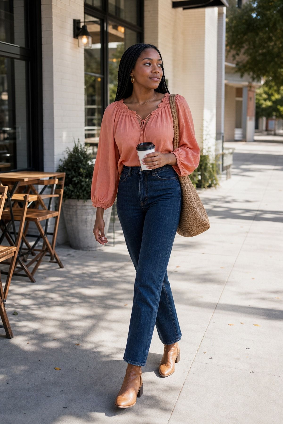Woman wearing a soft peasant blouse with straight jeans