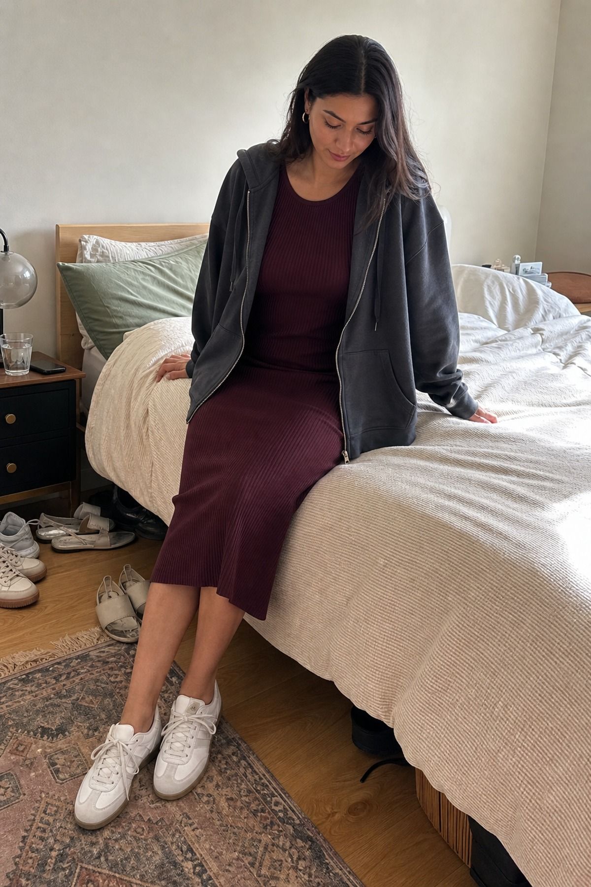 Woman wearing a zip hoodie with a midi dress