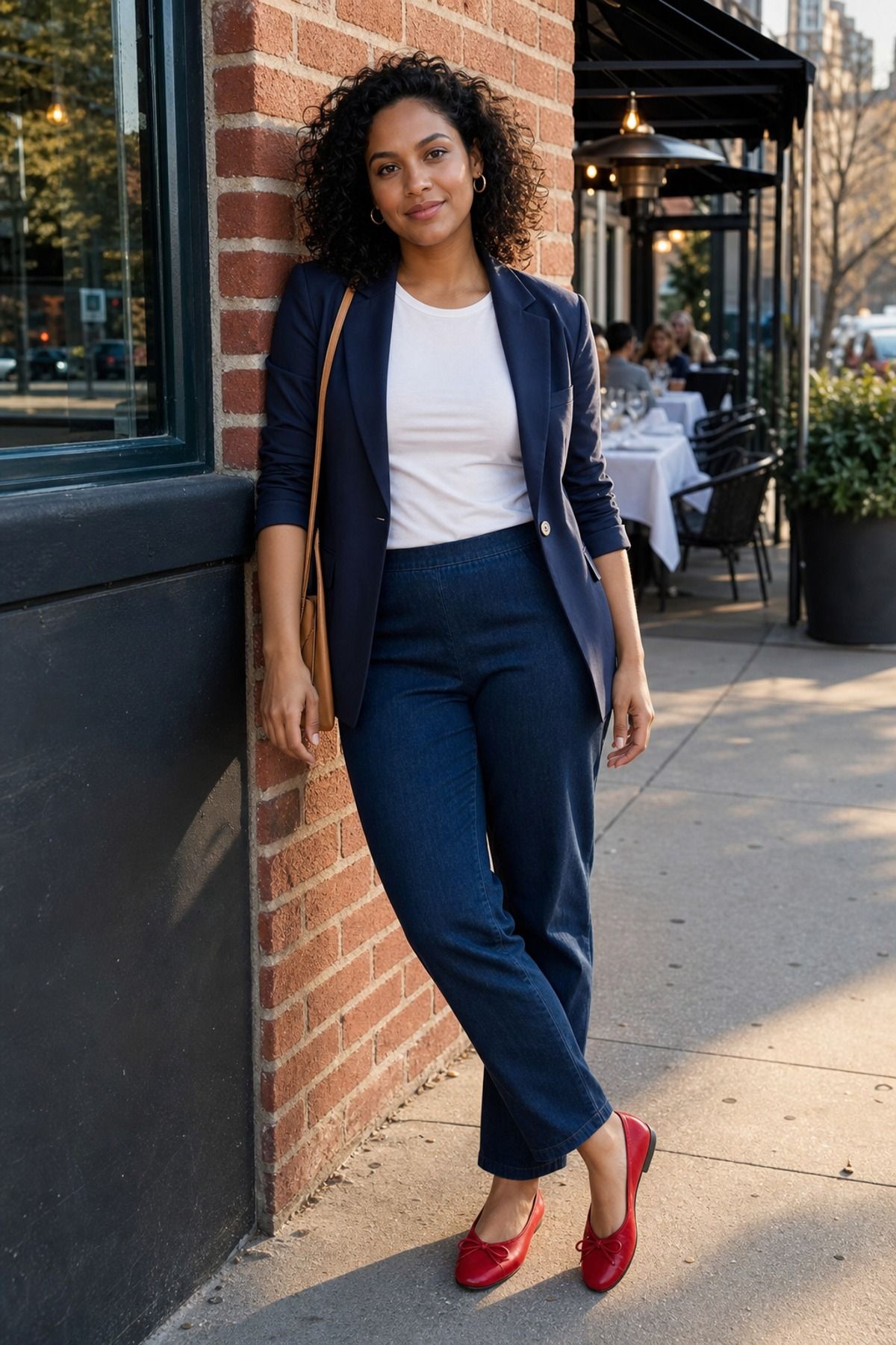 Woman wearing an open blazer with pull-on jeans