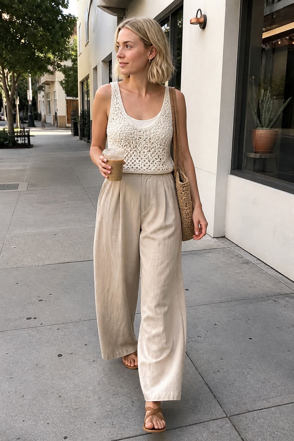 Woman wearing a crochet tank with linen wide-leg pants, a boho casual outfit