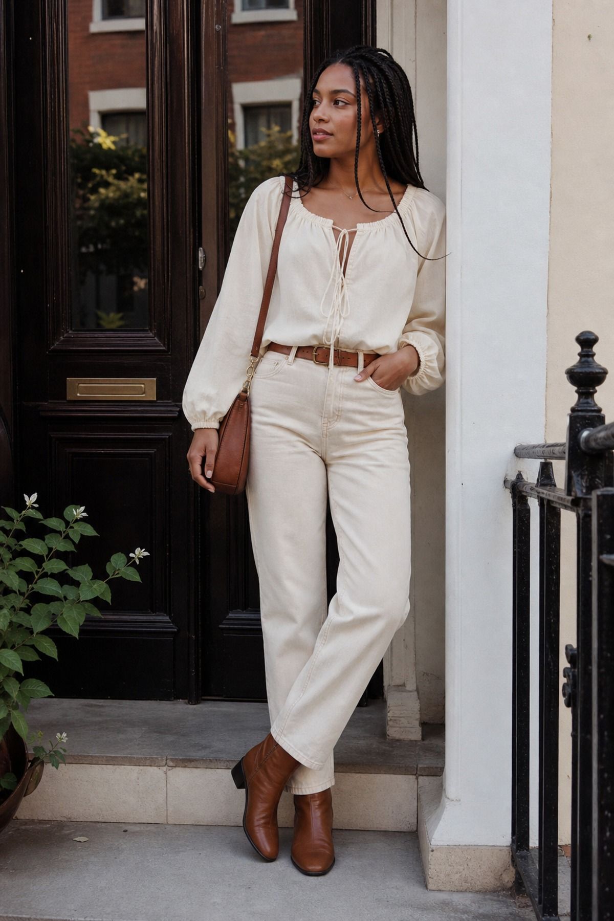 Woman wearing a peasant top with ecru jeans, a boho casual outfit