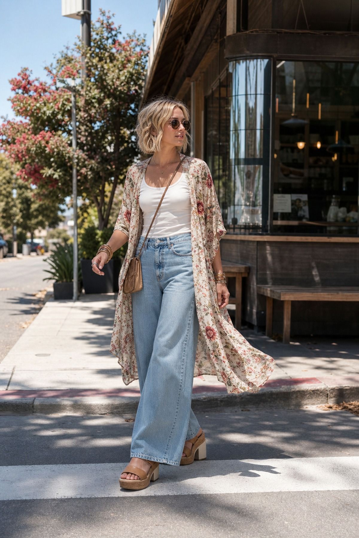 Woman wearing a kimono layer with a tank and wide jeans, a boho casual outfit