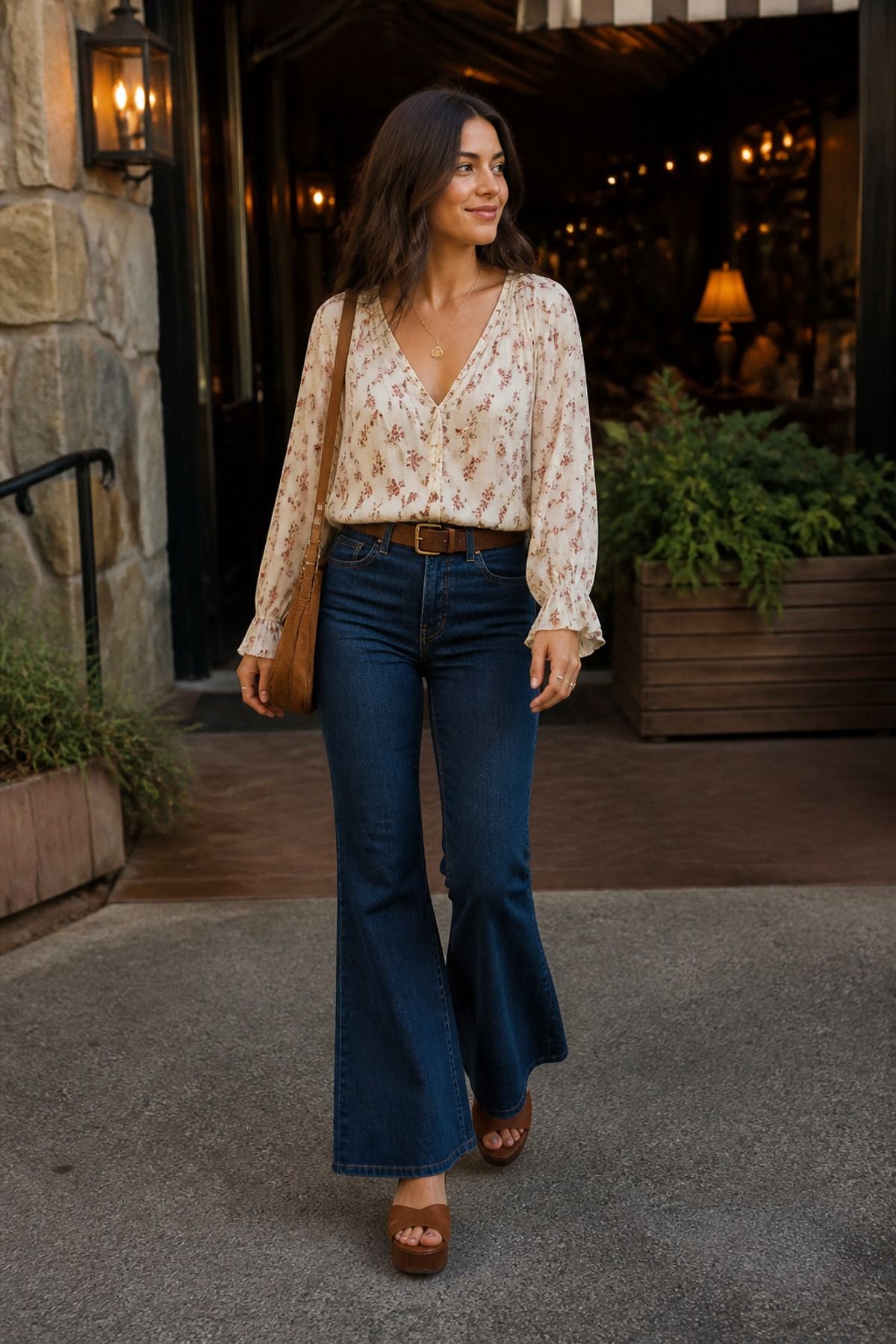 Woman wearing flared jeans with a soft printed blouse, a boho casual outfit