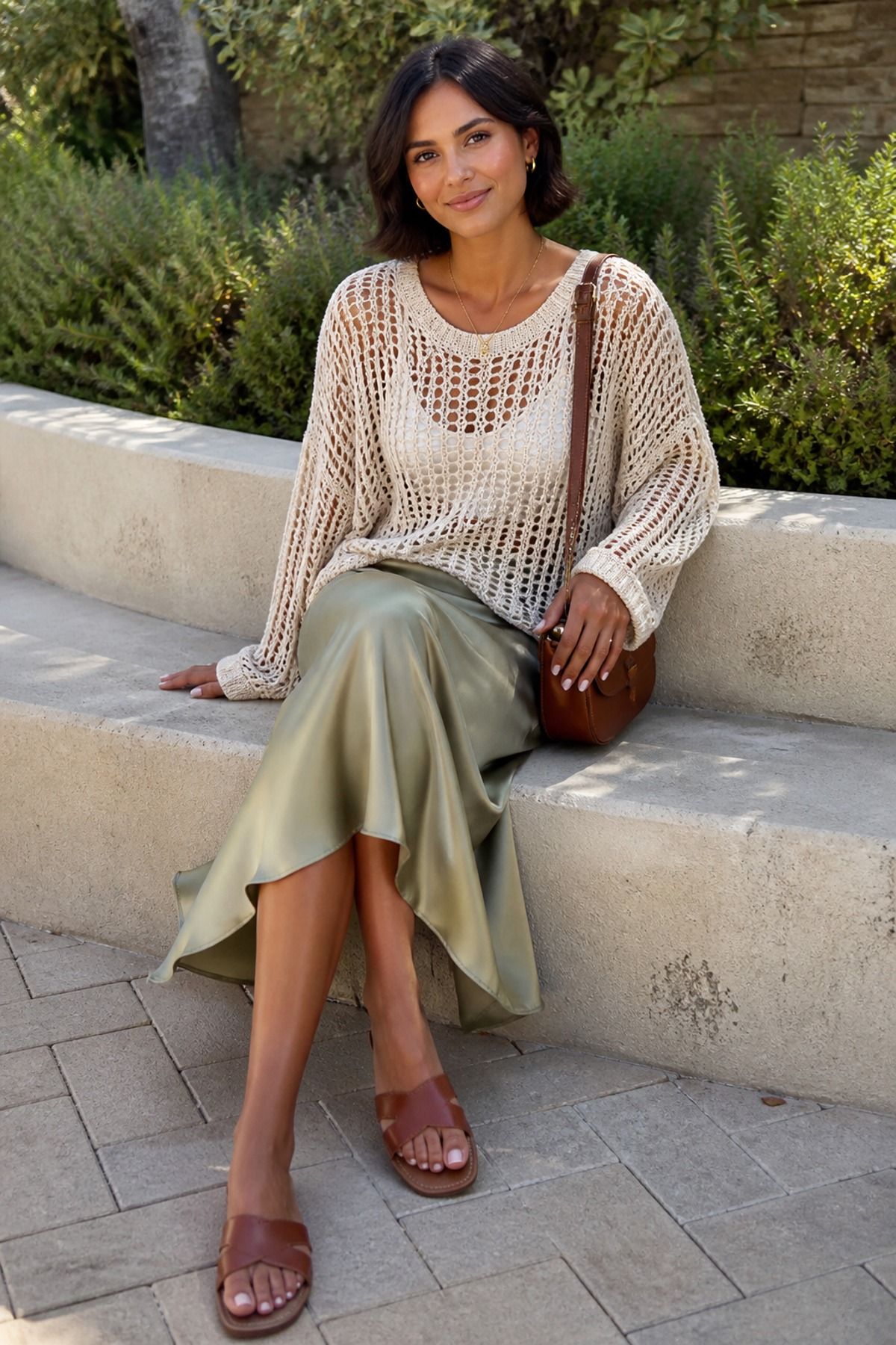 Woman wearing an open knit sweater with a satin skirt, a boho casual outfit