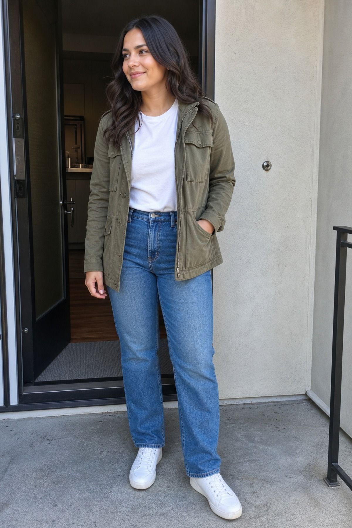 Woman wearing straight-leg jeans with a white tee and utility jacket, a casual mom outfit