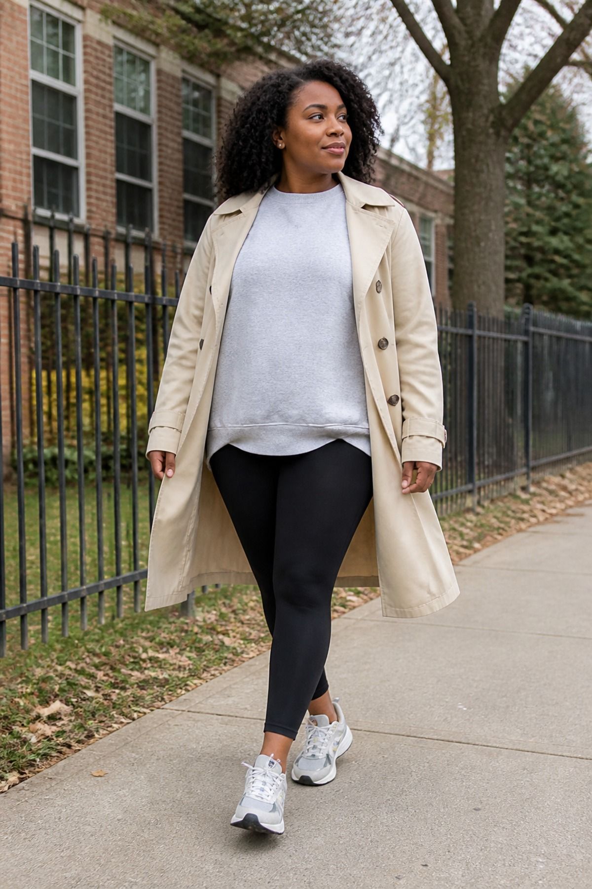 Woman wearing leggings with an oversized sweatshirt and trench, a casual mom outfit