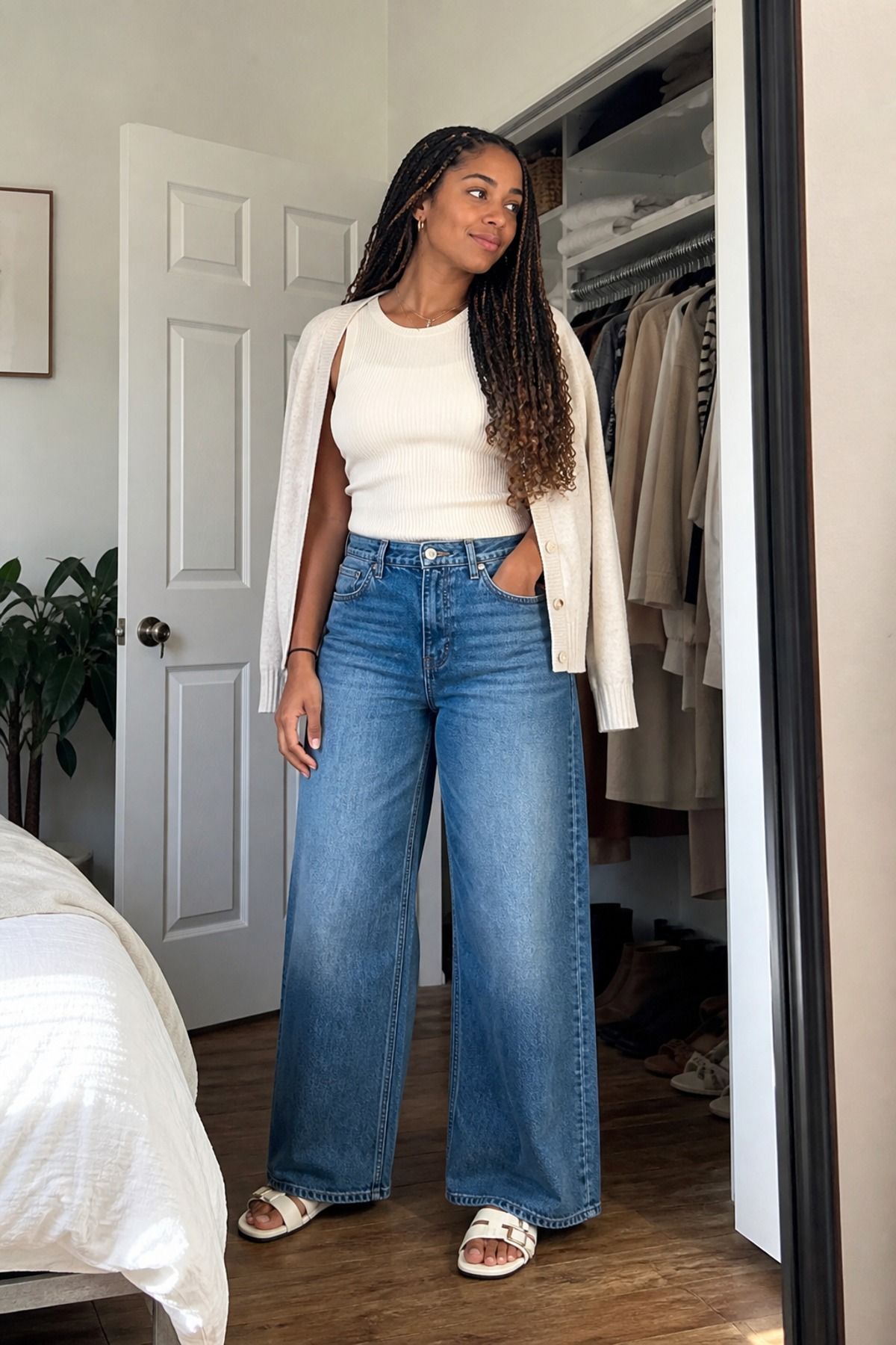 Woman wearing wide-leg jeans with a ribbed top, a casual mom outfit