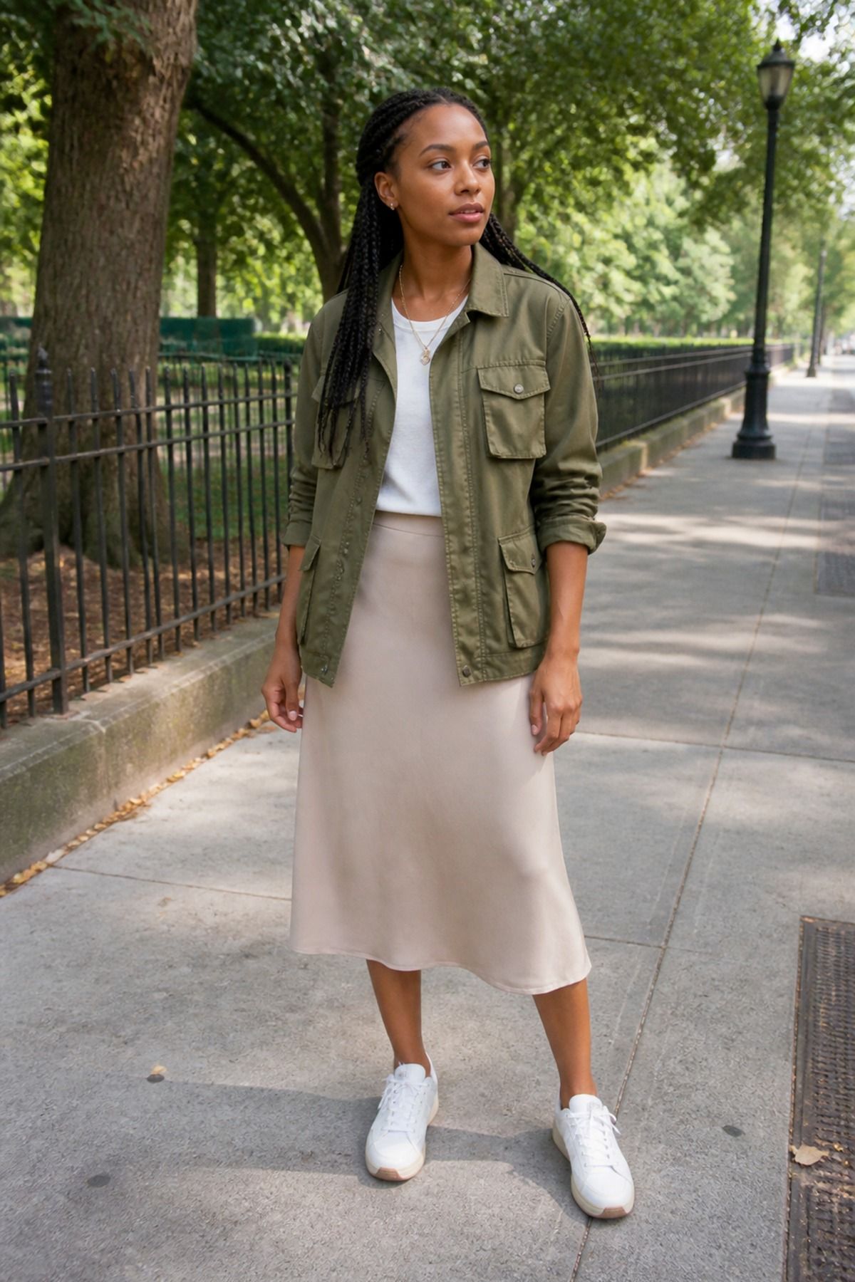 Woman wearing an utility jacket with a midi skirt