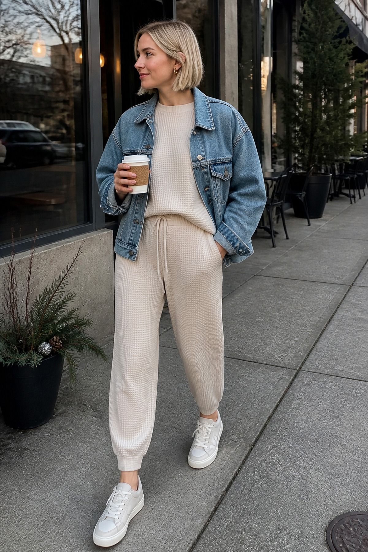 Woman wearing a waffle set with a denim jacket