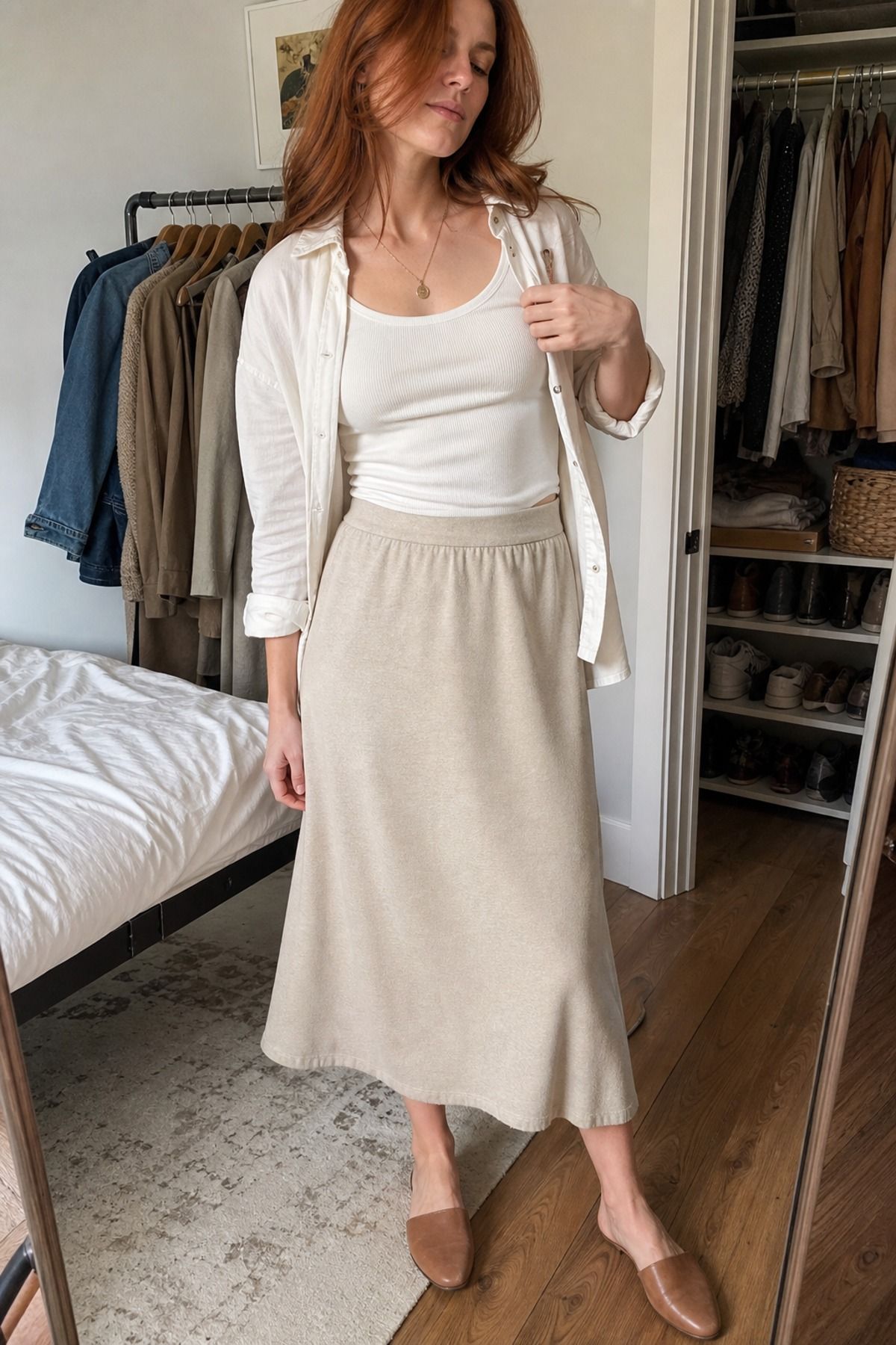 Woman wearing a pull-on skirt with a tank and lightweight shirt