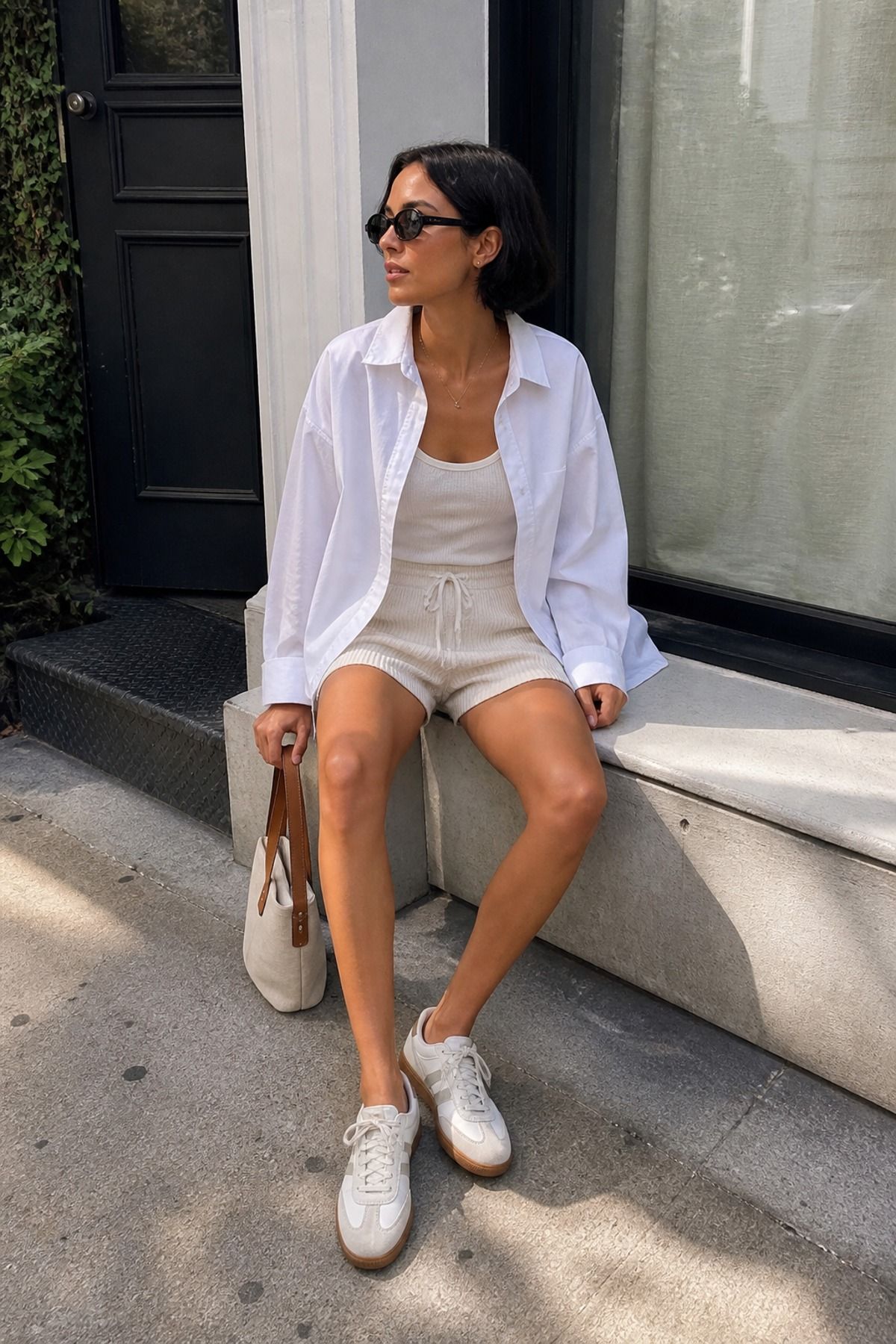 Woman wearing knit shorts with an oversized poplin shirt